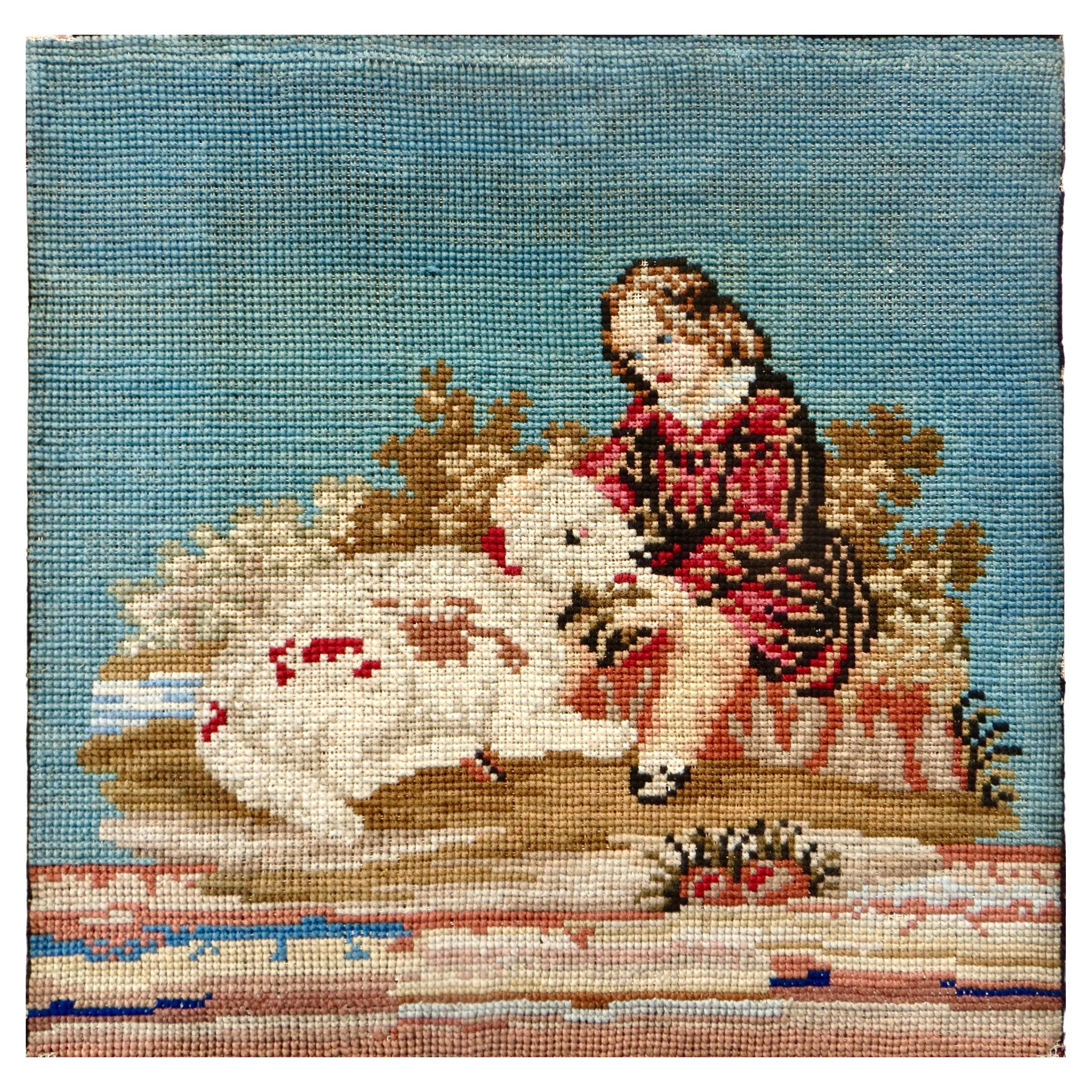 19th Century Early Victorian Framed Needlepoint  "Boy With Pet Lamb"  Circa 1840