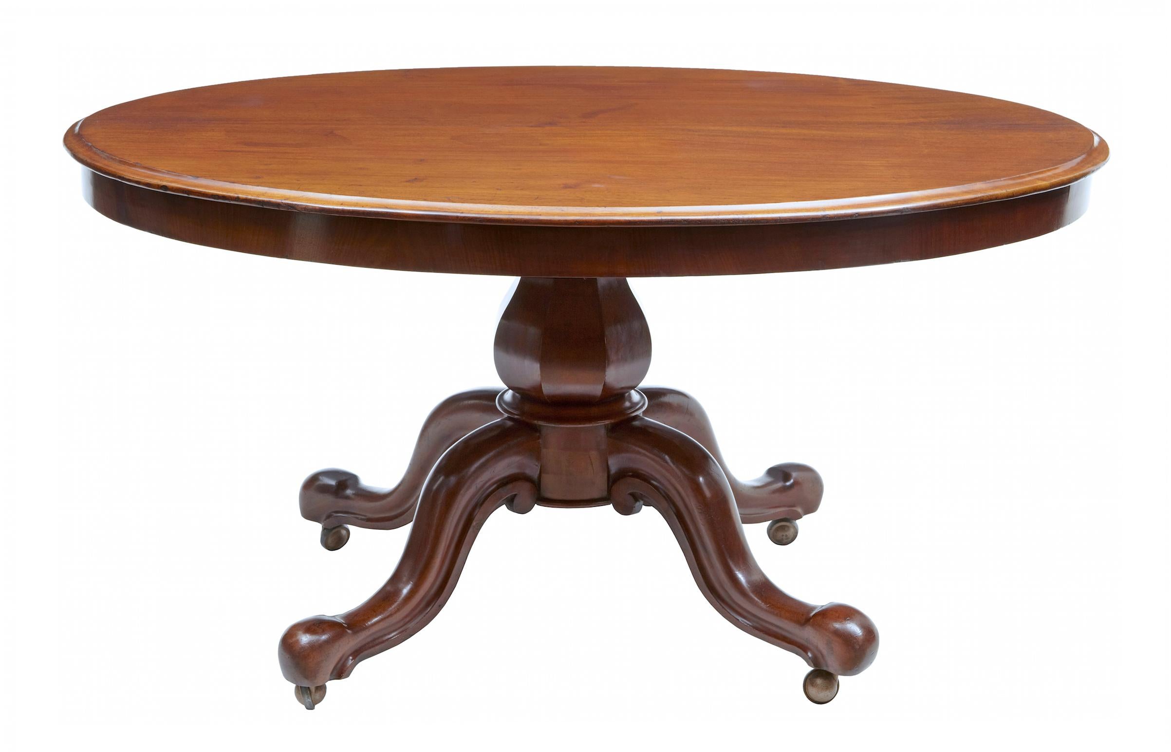 Good quality breakfast table, circa 1850.

Practical oval table for everyday use, standing on quadriform base. Currently standing on easy glide castors, but could be restored to brass castors upon sale.

Minor surface marks to surface.

 