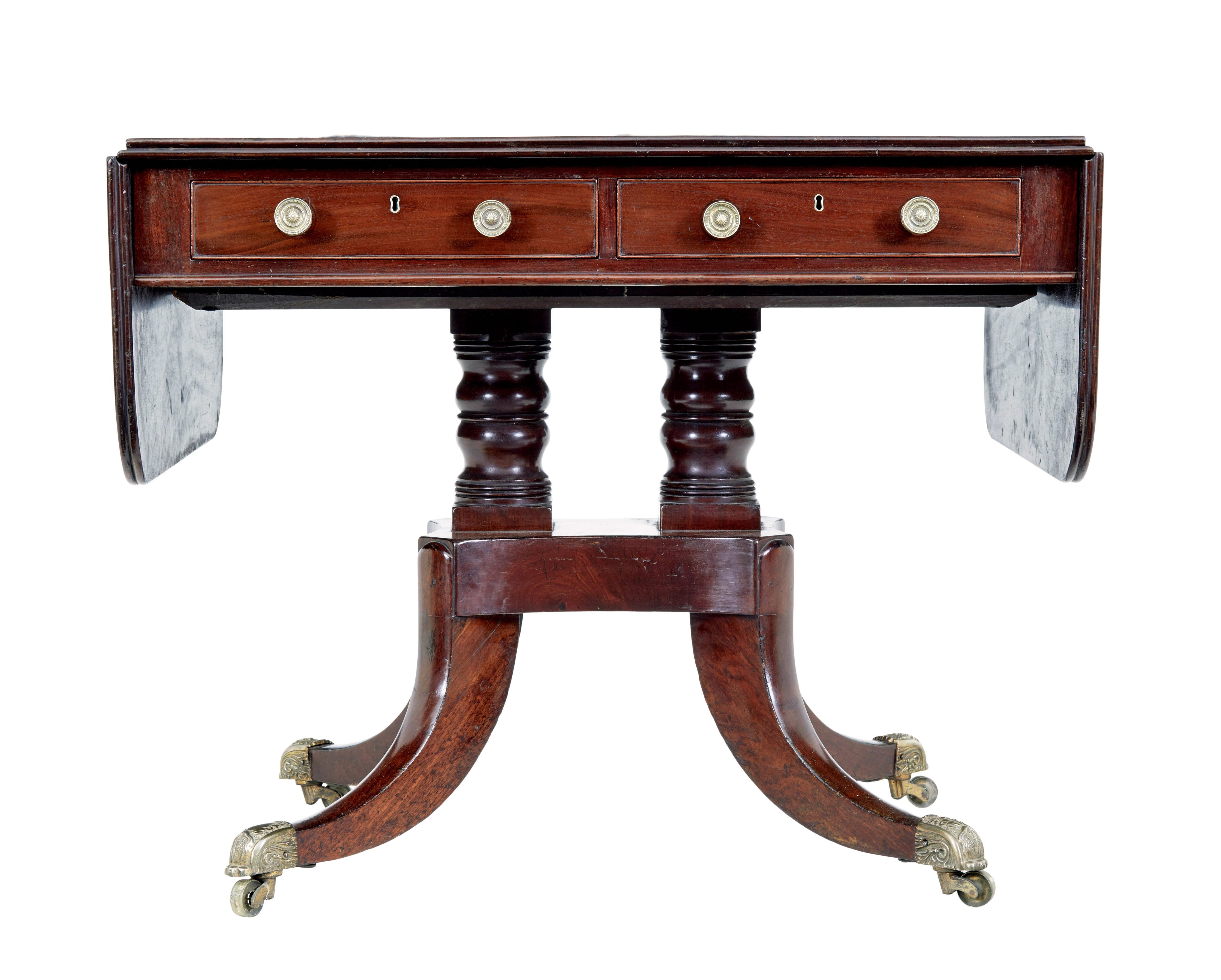 19th century early Victorian mahogany sofa table circa 1840.

Excellent quality solid mahogany sofa table, from the late William IV/early Victorian period.

Freestanding with dummy drawers on the reverse to mirror the front. 2 deep drawers.