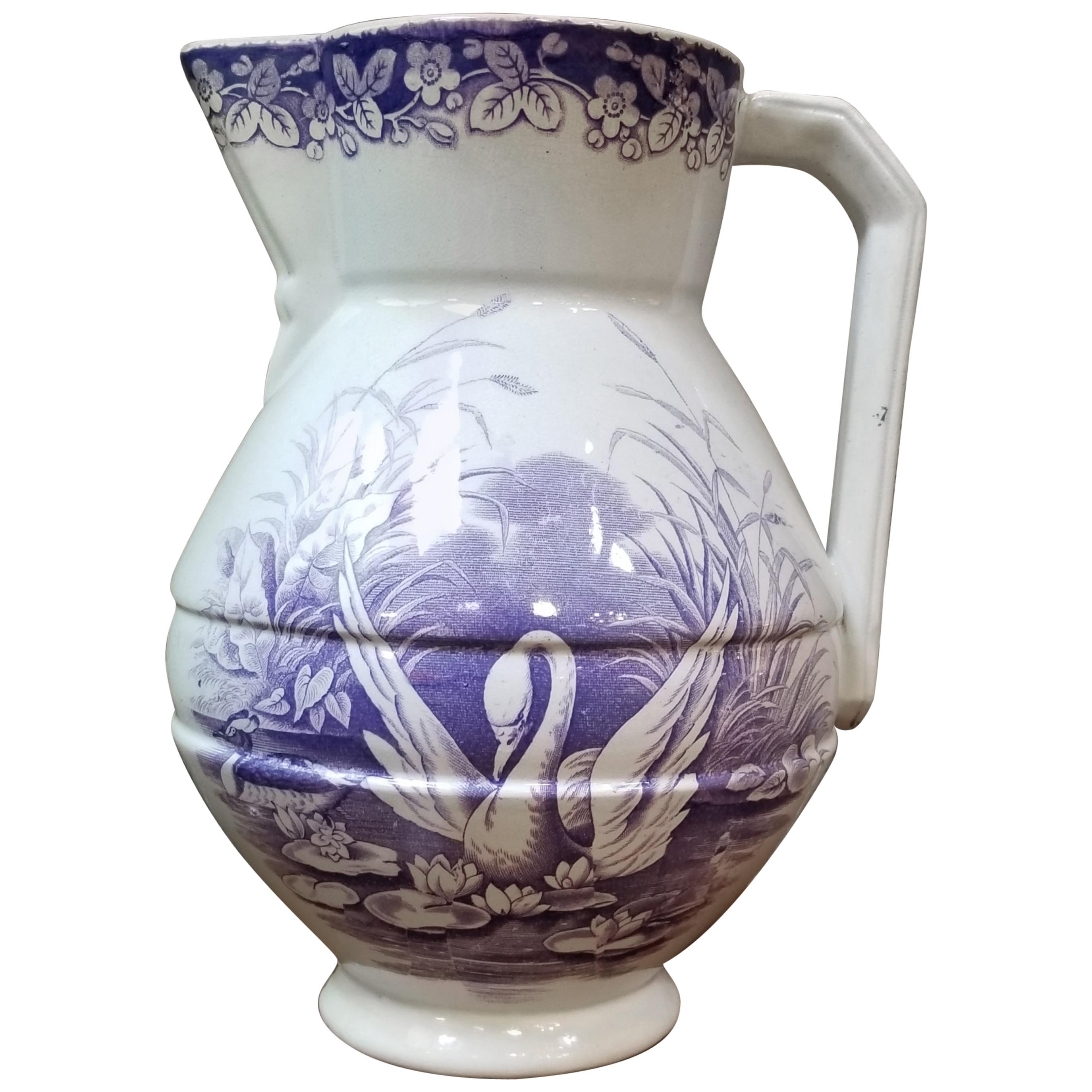 19th Century Earthenware Pitcher with Swan For Sale