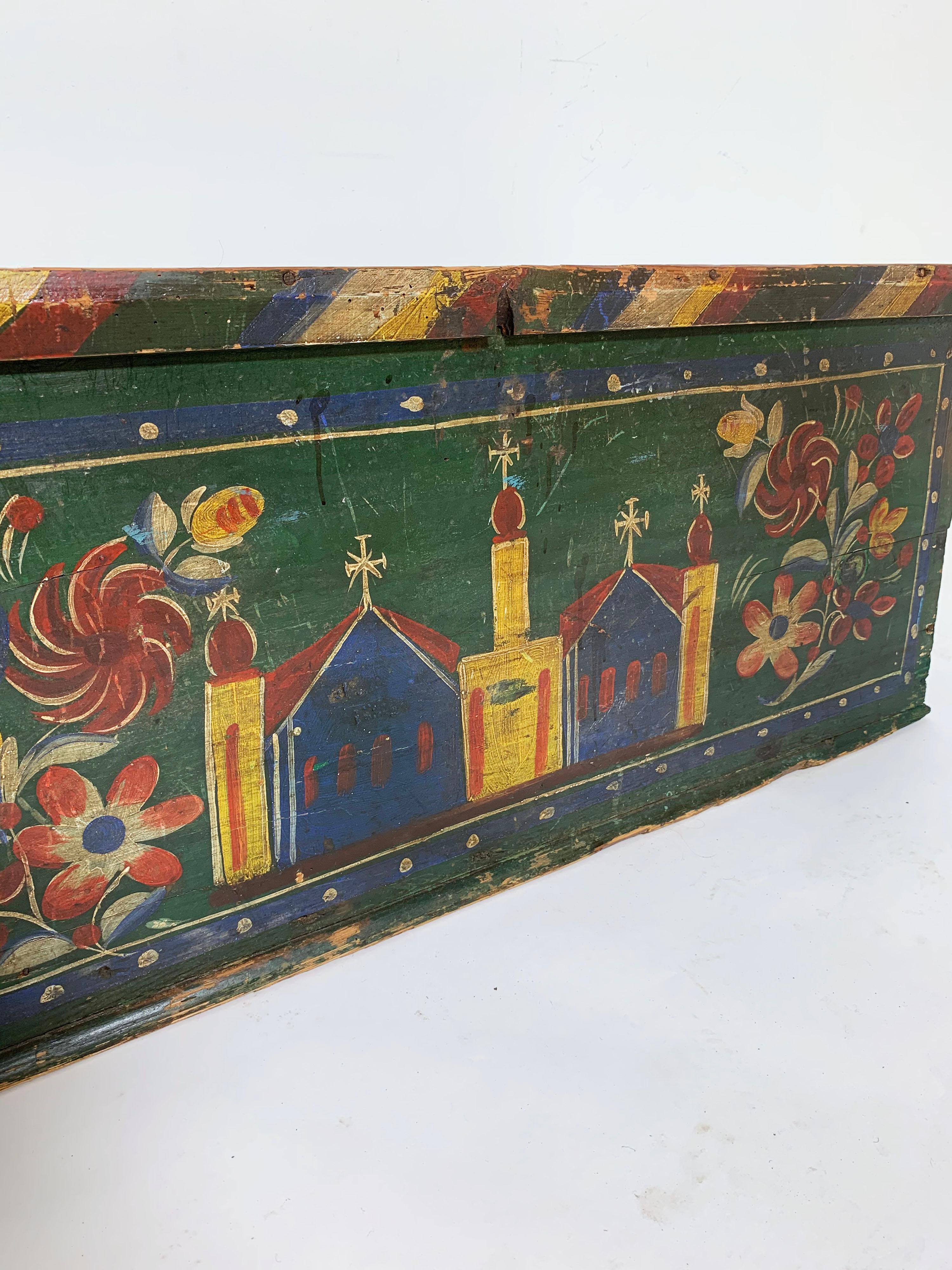 Hand-Painted 19th Century Eastern European Antique Folk Art Painted Chest