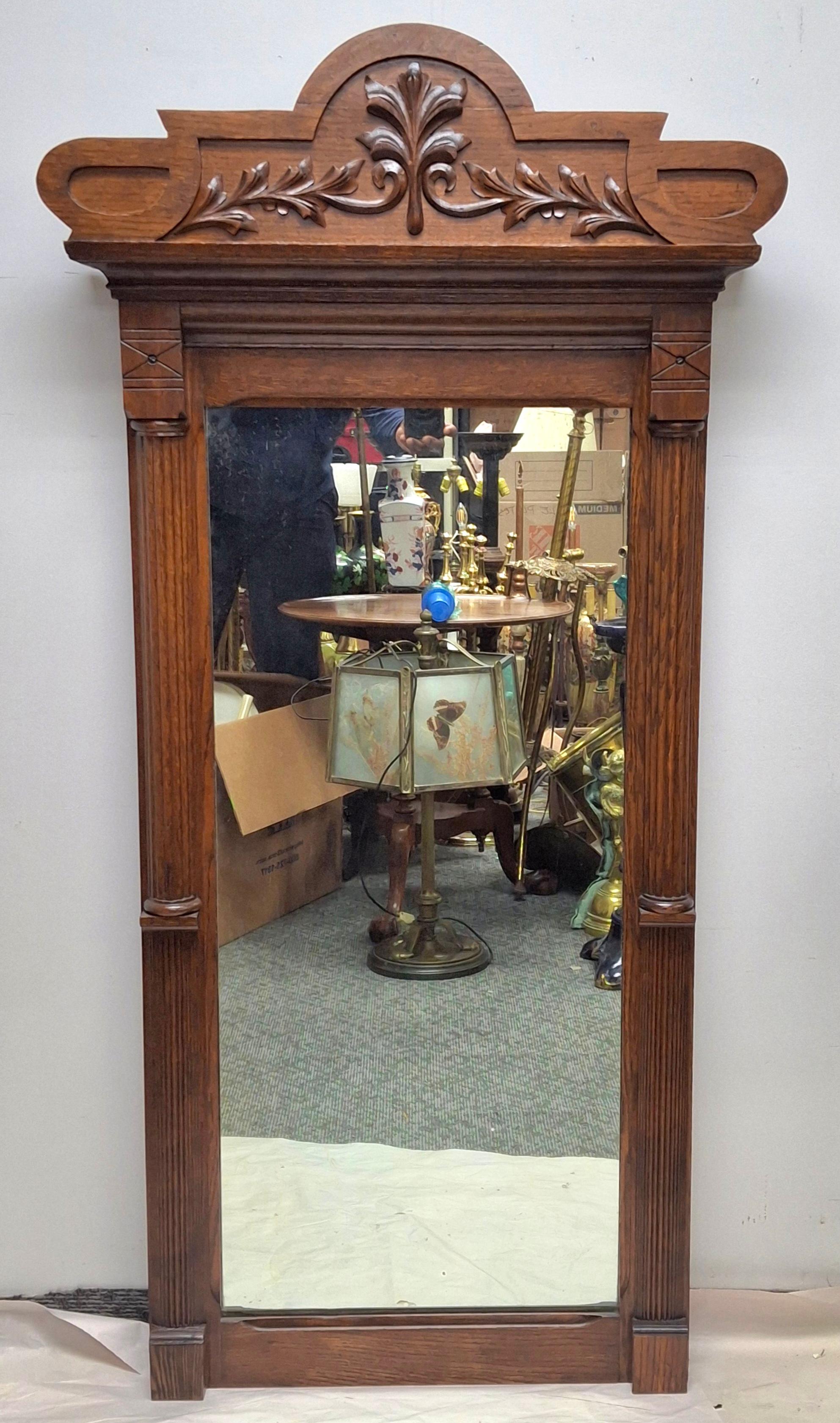 19th Century Eastlake Carved Oak Wall Mirror. Newly Refinished. Measures: 28