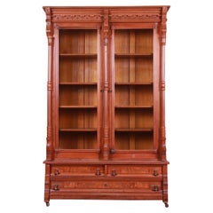 19th Century Eastlake Victorian Carved Walnut and Burl Wood Bookcase