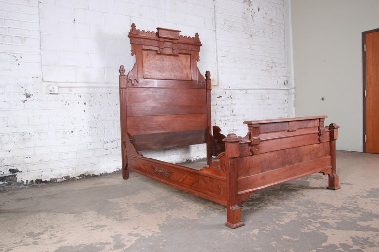 19th Century Eastlake Victorian Carved Walnut and Burl Wood Full Size Bed at 1stDibs