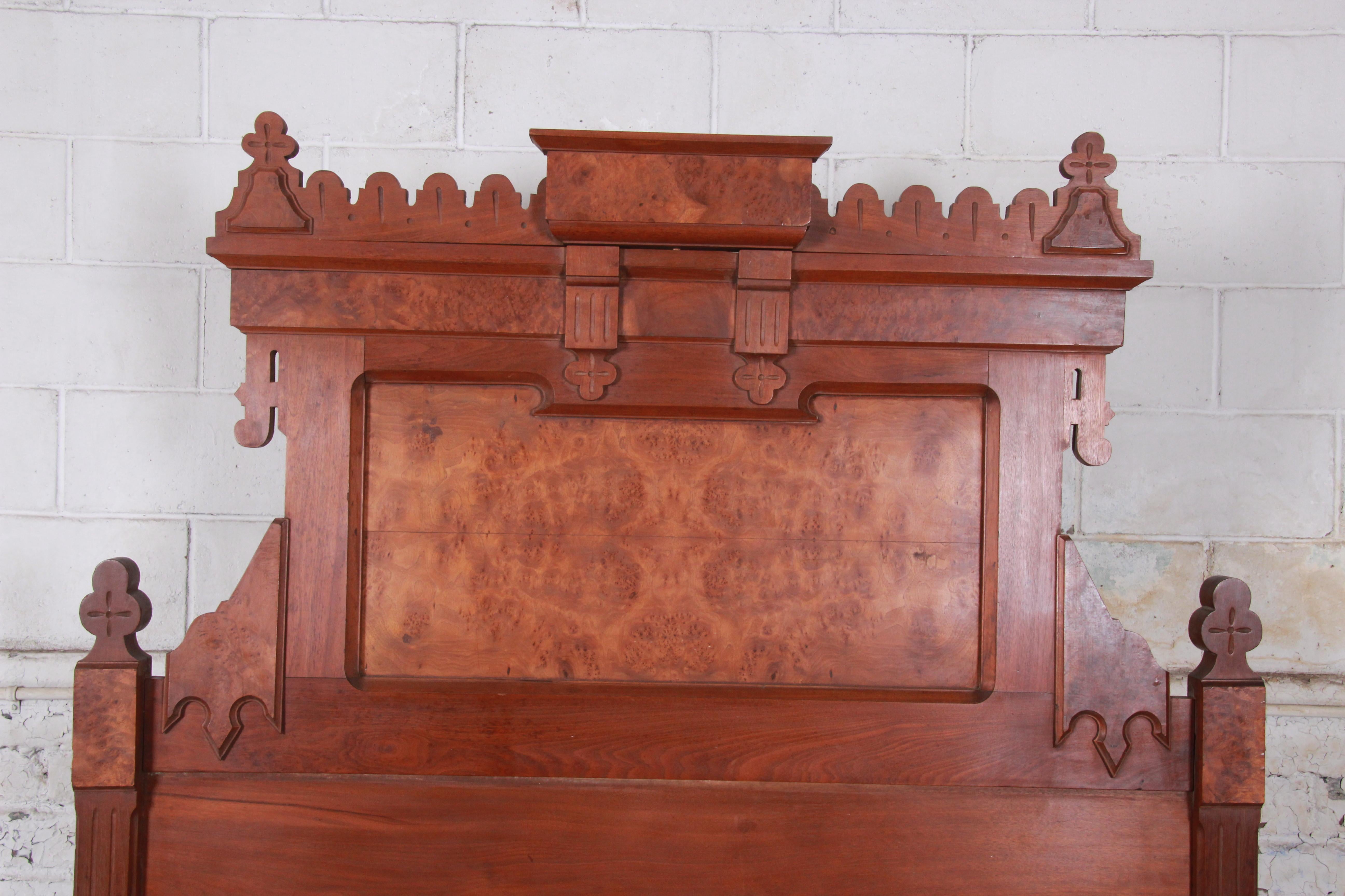 American 19th Century Eastlake Victorian Carved Walnut and Burl Wood Full Size Bed