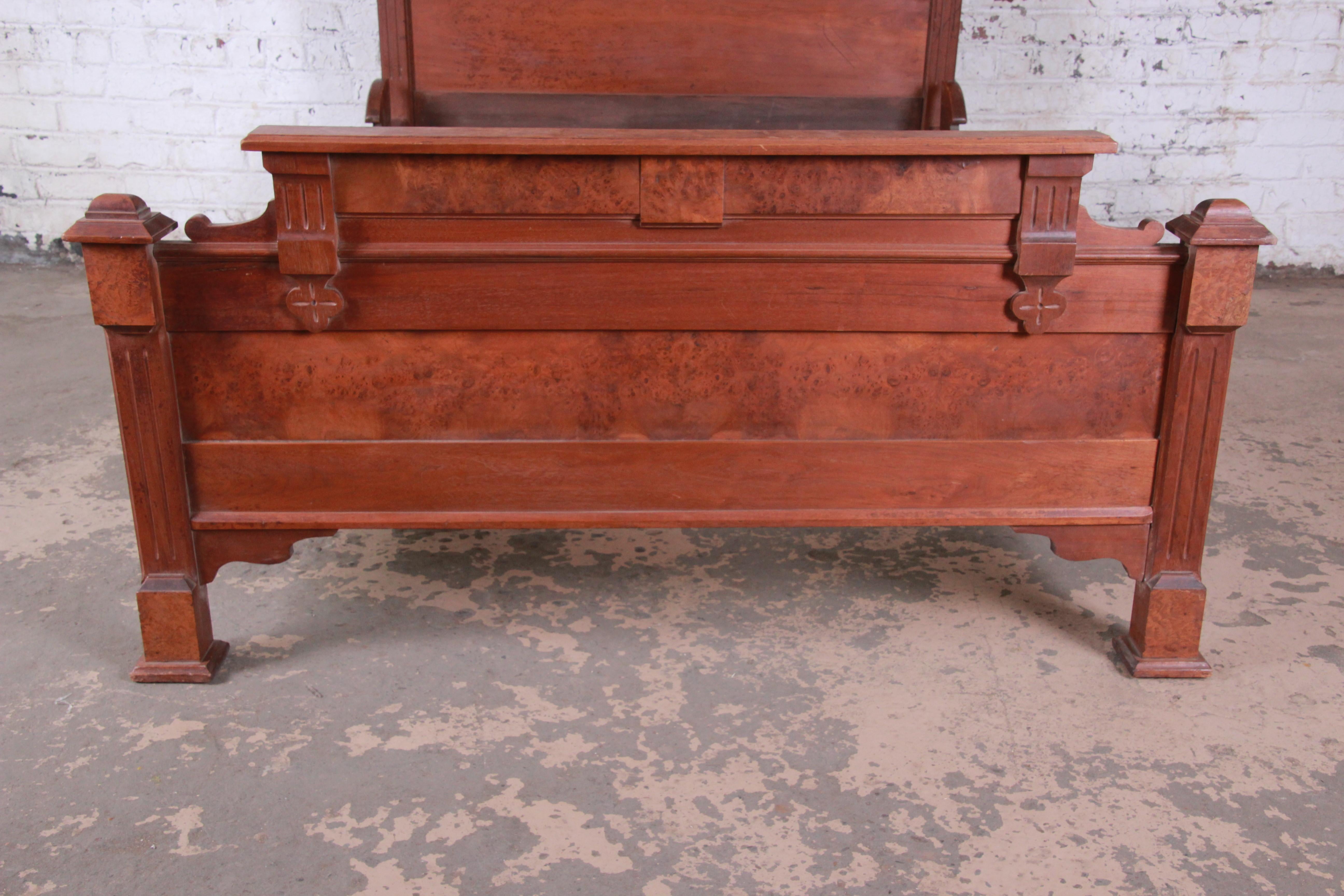 19th Century Eastlake Victorian Carved Walnut and Burl Wood Full Size Bed In Good Condition In South Bend, IN
