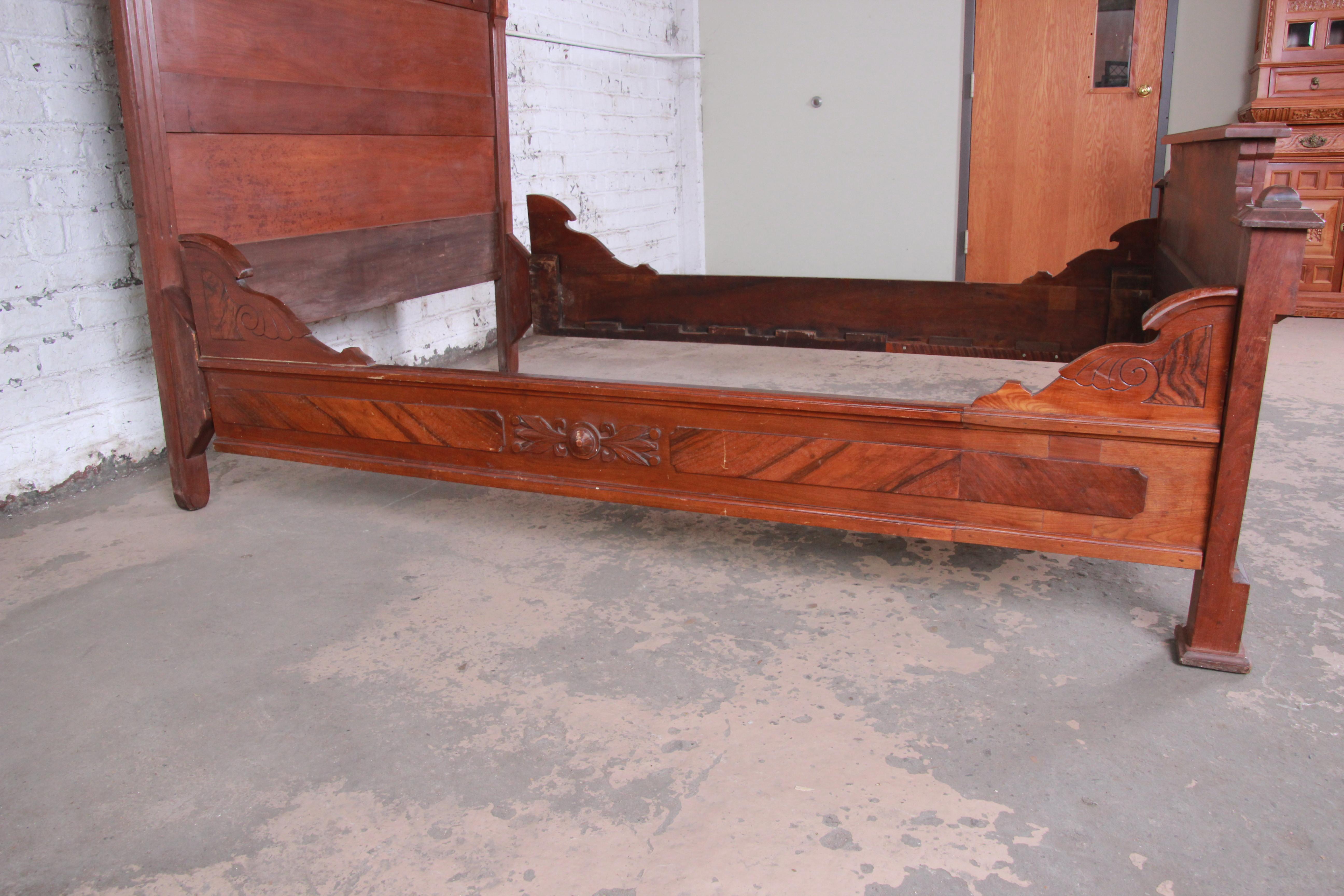 19th Century Eastlake Victorian Carved Walnut and Burl Wood Full Size Bed 1