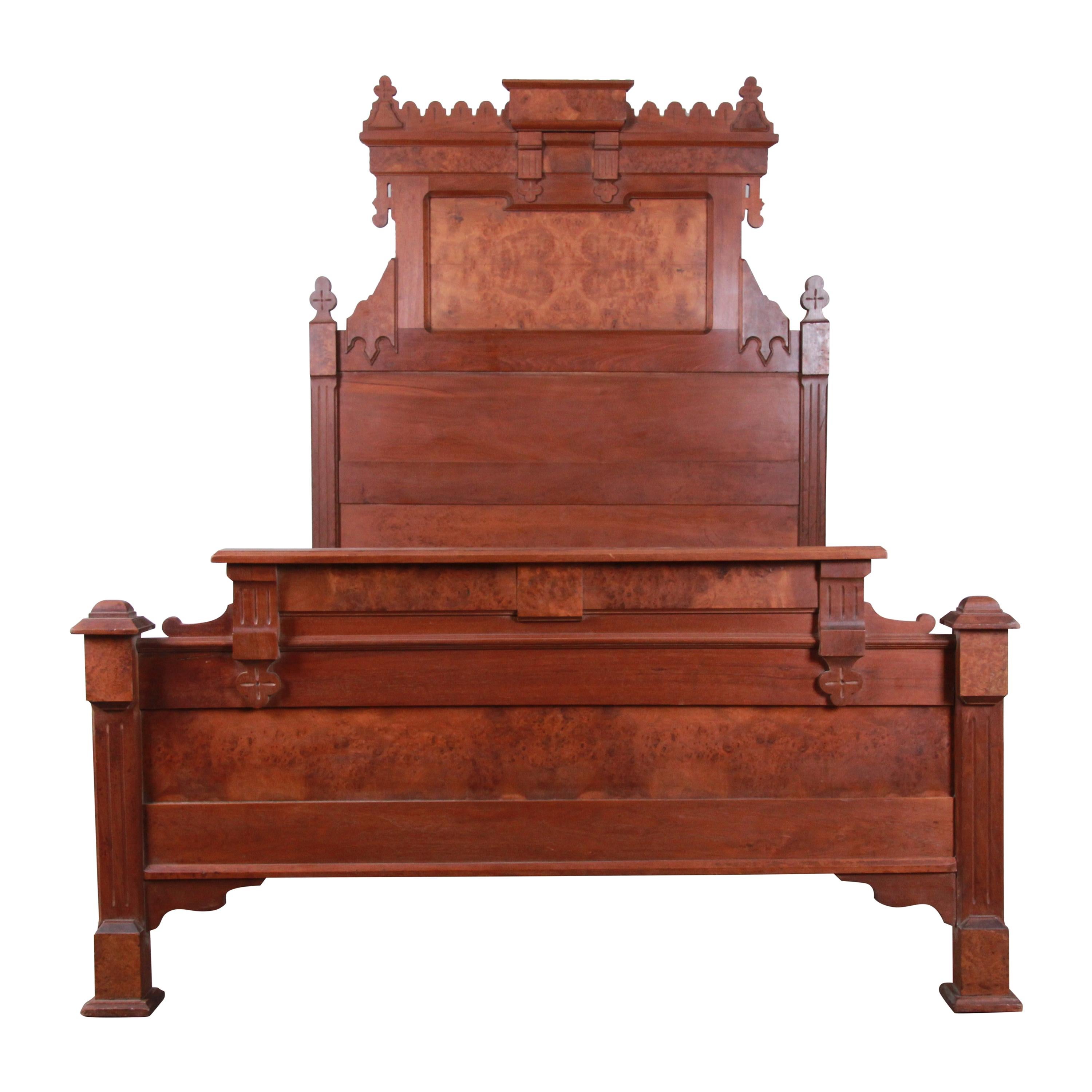 19th Century Eastlake Victorian Carved Walnut and Burl Wood Full Size Bed