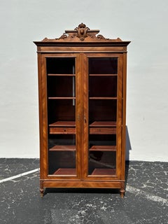 19th Century Eastlake Victorian Carved Walnut Burlwood Glass Bookcase
