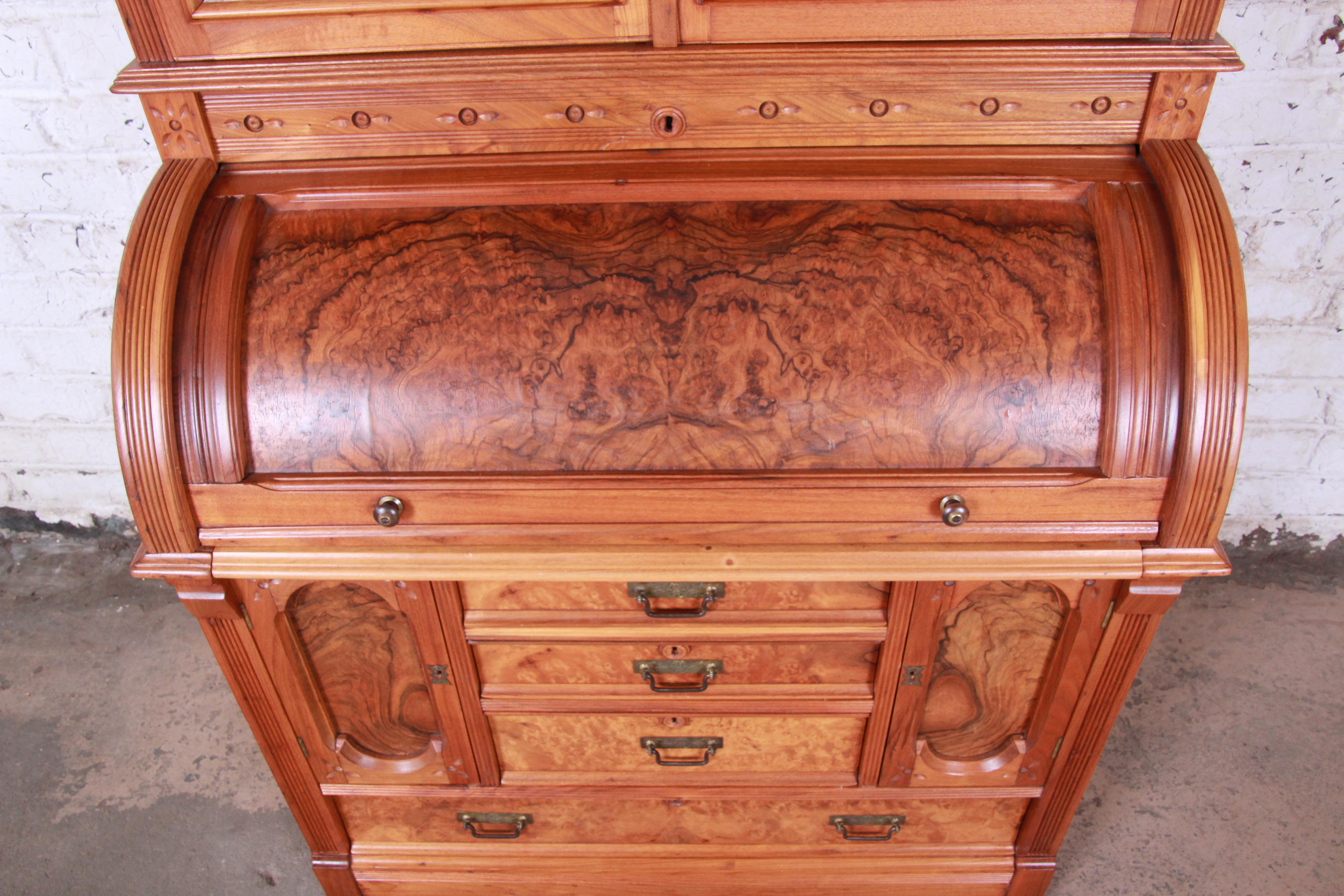 19th Century Eastlake Victorian Walnut and Burl Cylinder Desk with Bookcase In Good Condition In South Bend, IN