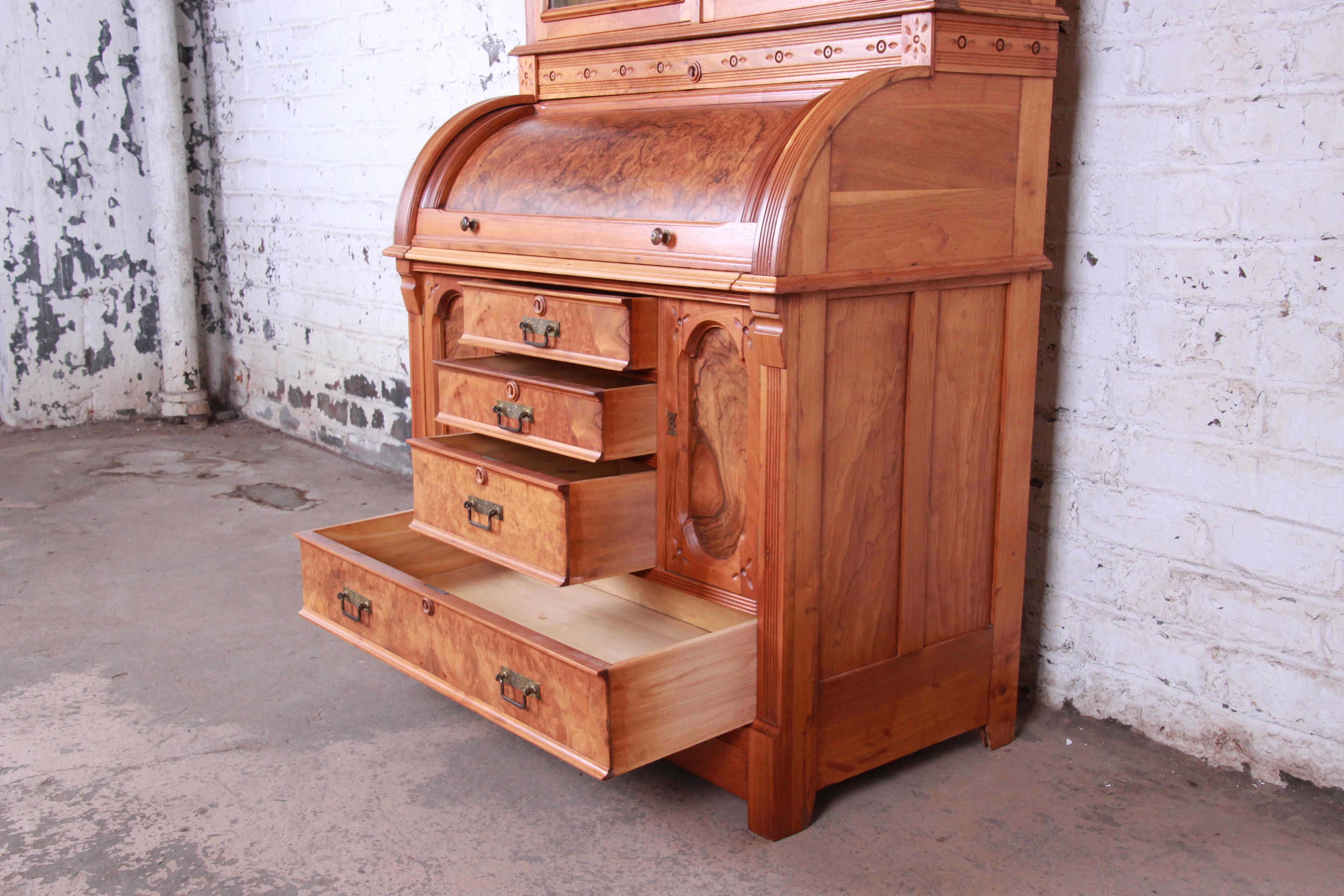 19th Century Eastlake Victorian Walnut and Burl Cylinder Desk with Bookcase 1