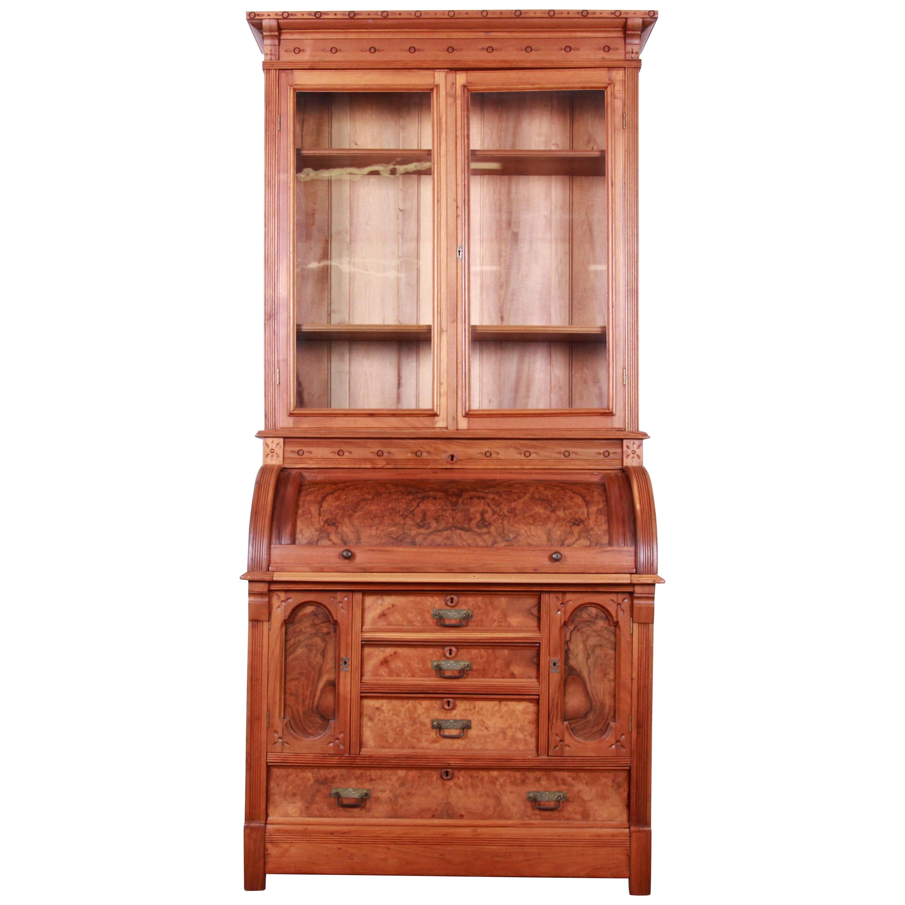 19th Century Eastlake Victorian Walnut and Burl Cylinder Desk with Bookcase
