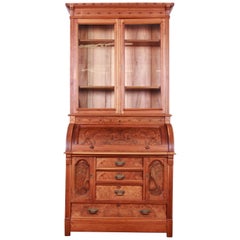 19th Century Eastlake Victorian Walnut and Burl Cylinder Desk with Bookcase