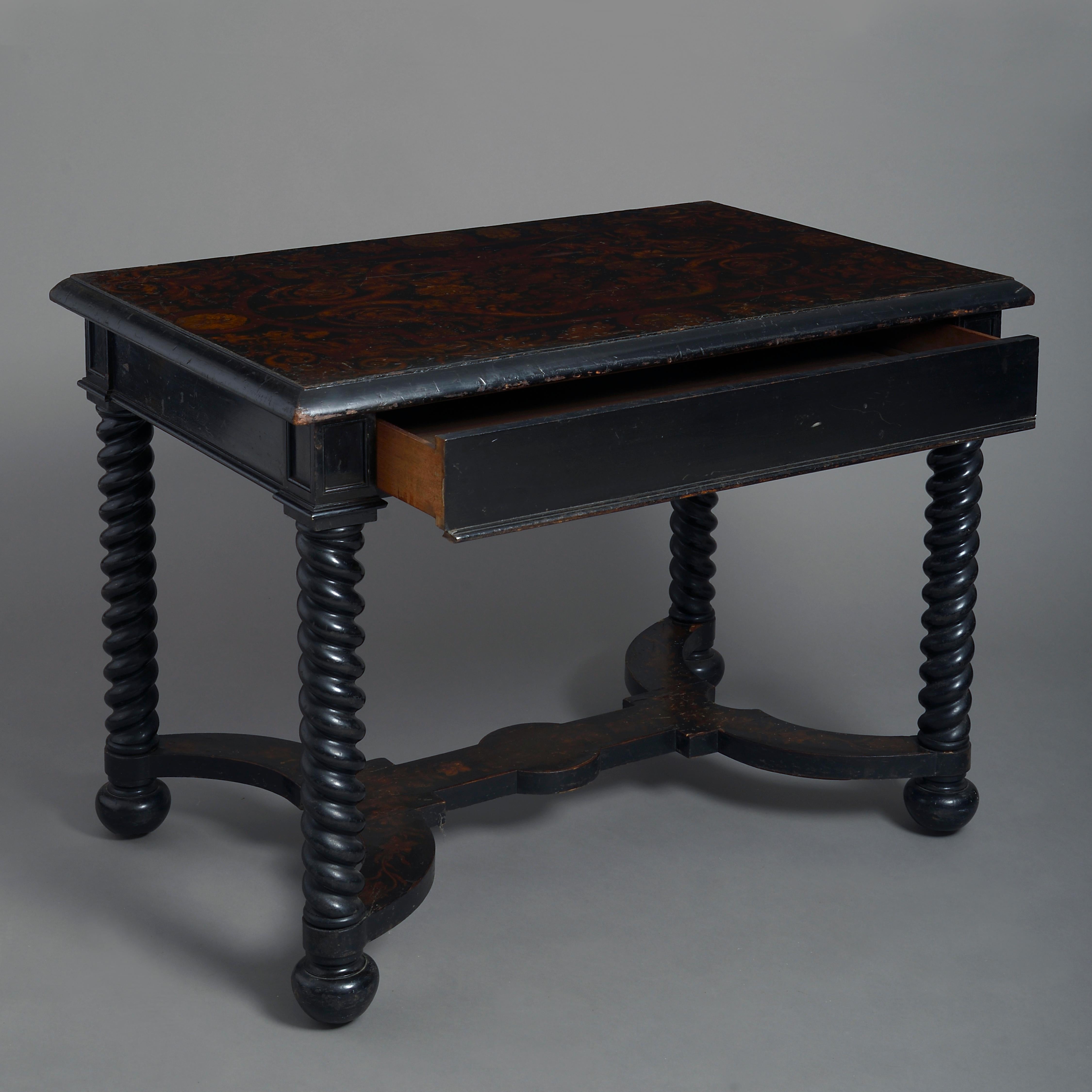 A fine early 19th century ebonized centre table in the 17th century manner, having a faux marquetry rectangular top, with central drawer and raised upon barley twist legs with conjoined decorated stretcher.