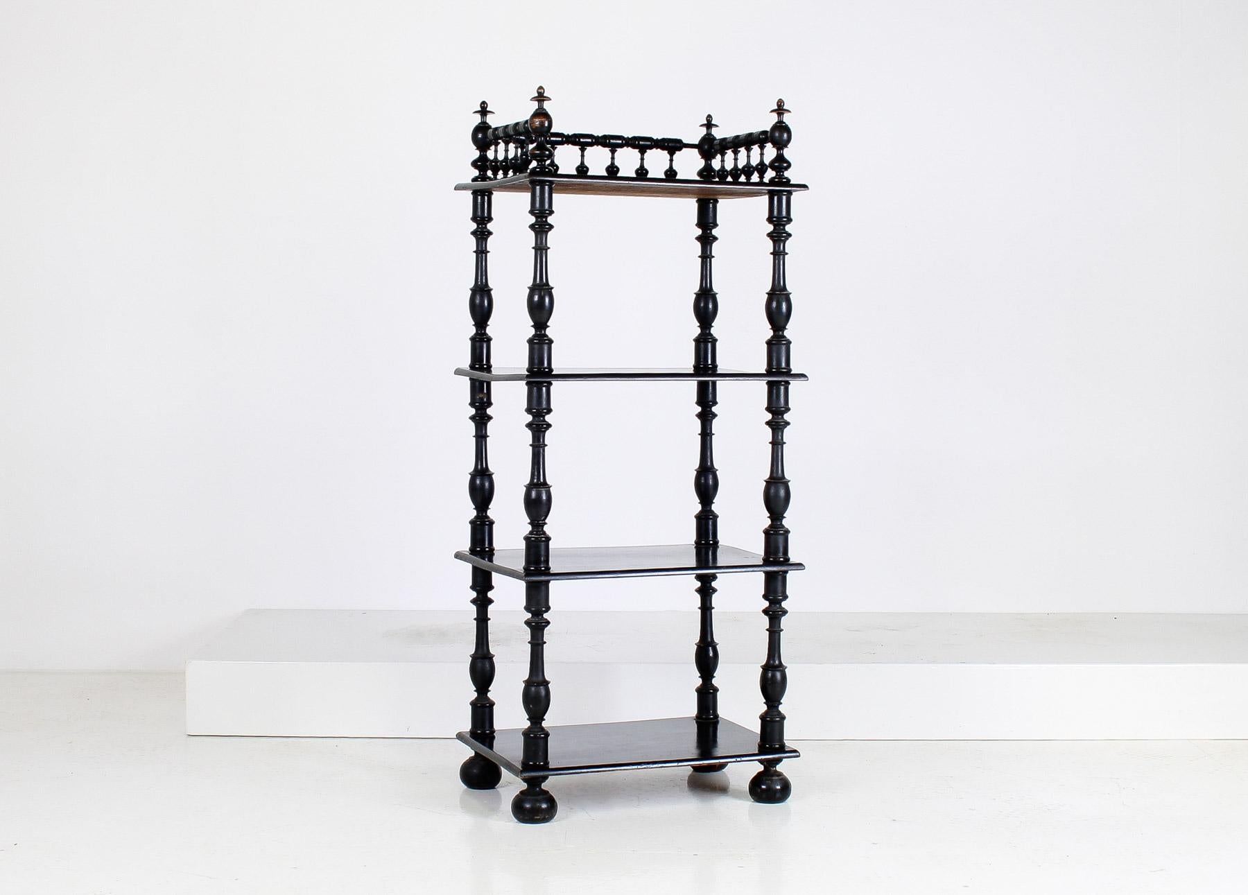 Victorian 19th Century Ebonised Whatnot Etagere Shelf Unit with Gallery Top, English For Sale