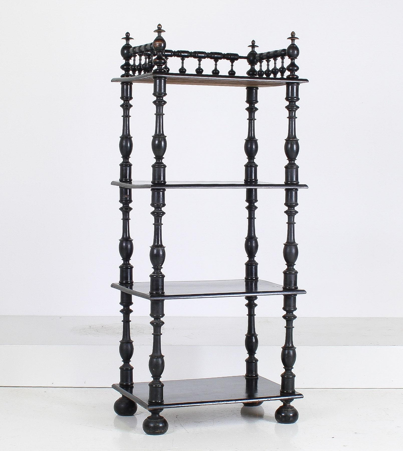 British 19th Century Ebonised Whatnot Etagere Shelf Unit with Gallery Top, English For Sale