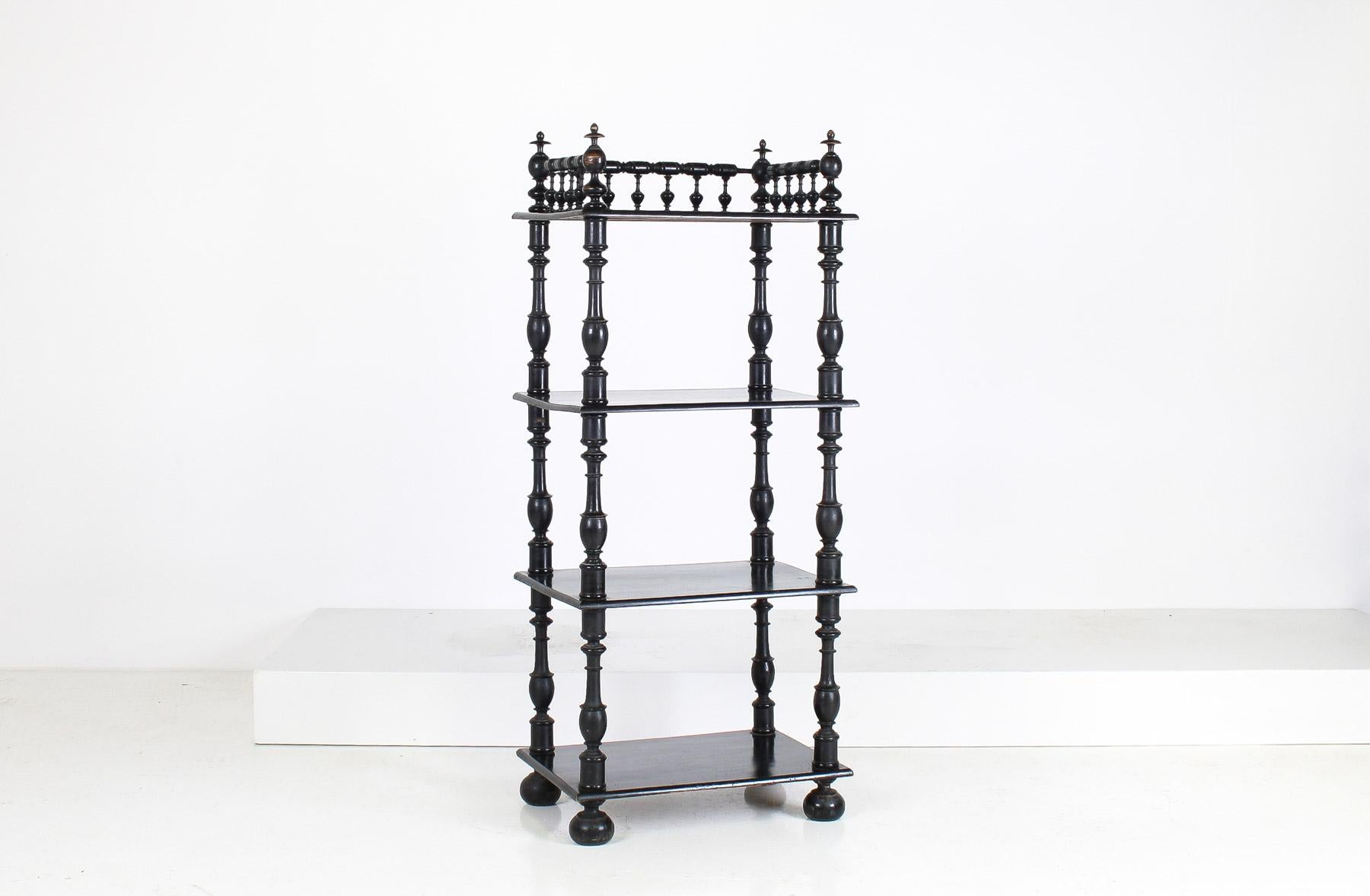 Ebonized 19th Century Ebonised Whatnot Etagere Shelf Unit with Gallery Top, English For Sale
