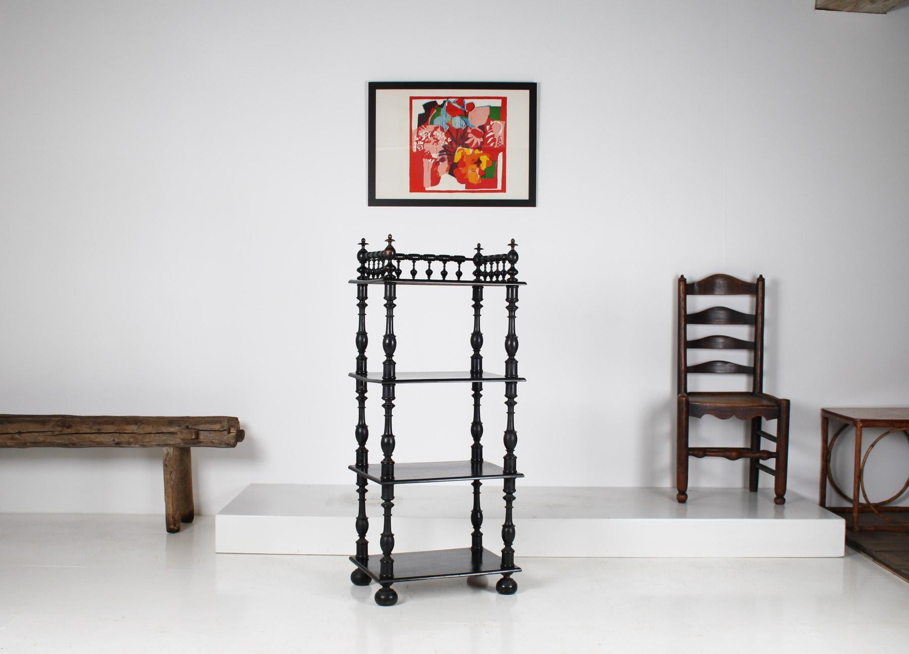 Beech 19th Century Ebonised Whatnot Etagere Shelf Unit with Gallery Top, English For Sale