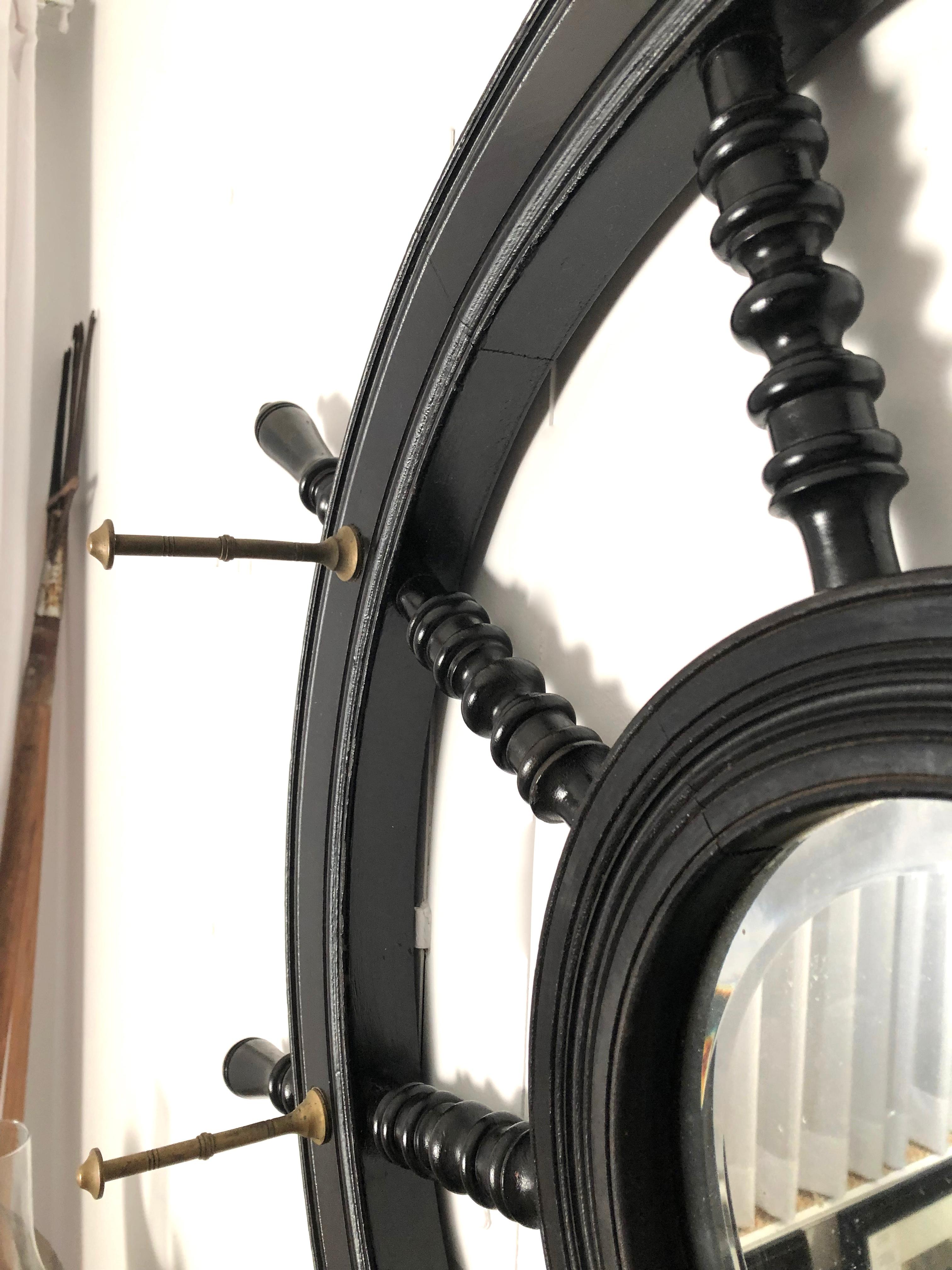 Aesthetic Movement 19th Century Ebonized and Turned Wood Ship's Wheel Mirror and Hat and Coat Rack