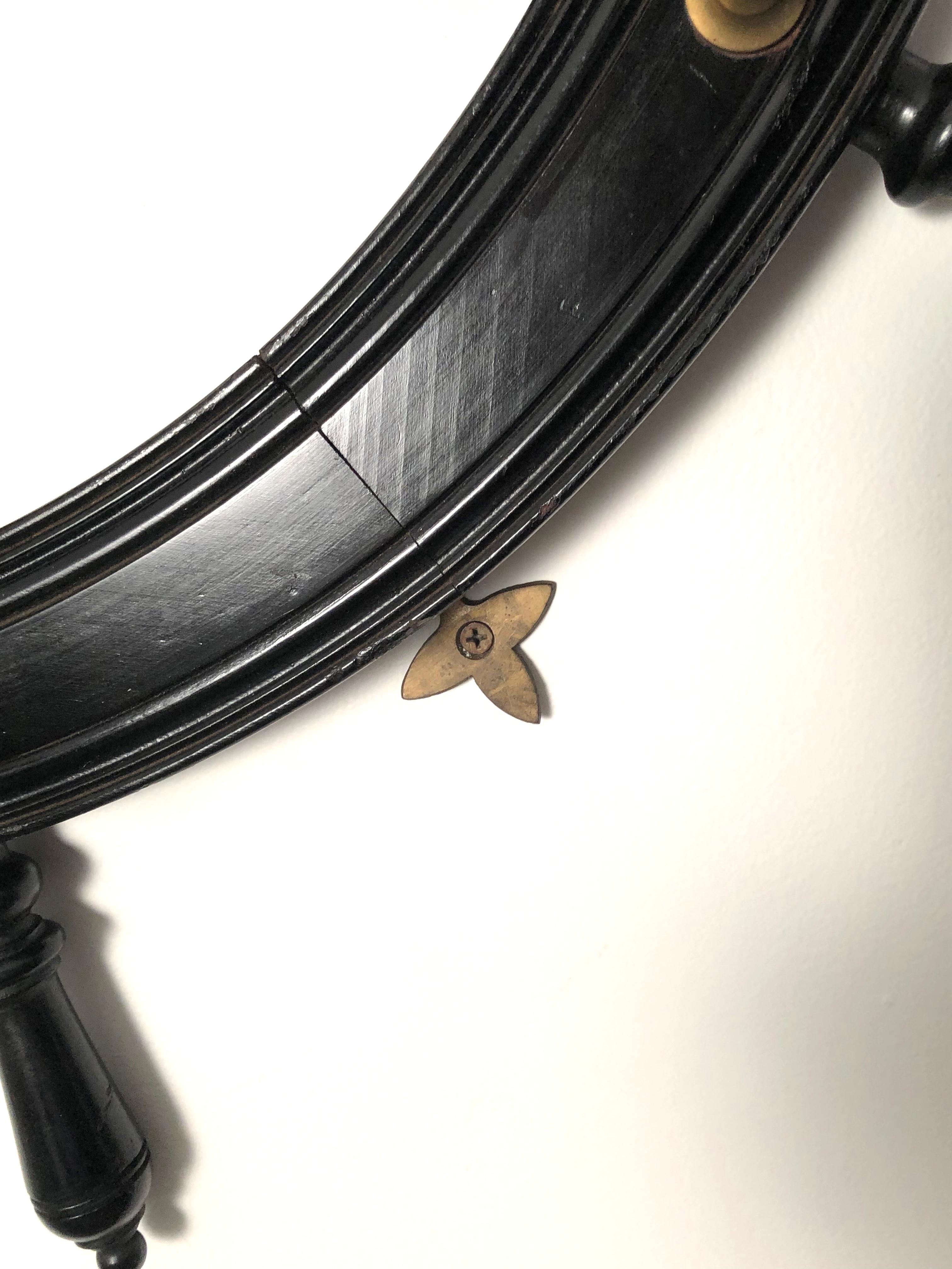 American 19th Century Ebonized and Turned Wood Ship's Wheel Mirror and Hat and Coat Rack