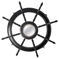 19th Century Ebonized and Turned Wood Ship's Wheel Mirror and Hat and Coat Rack