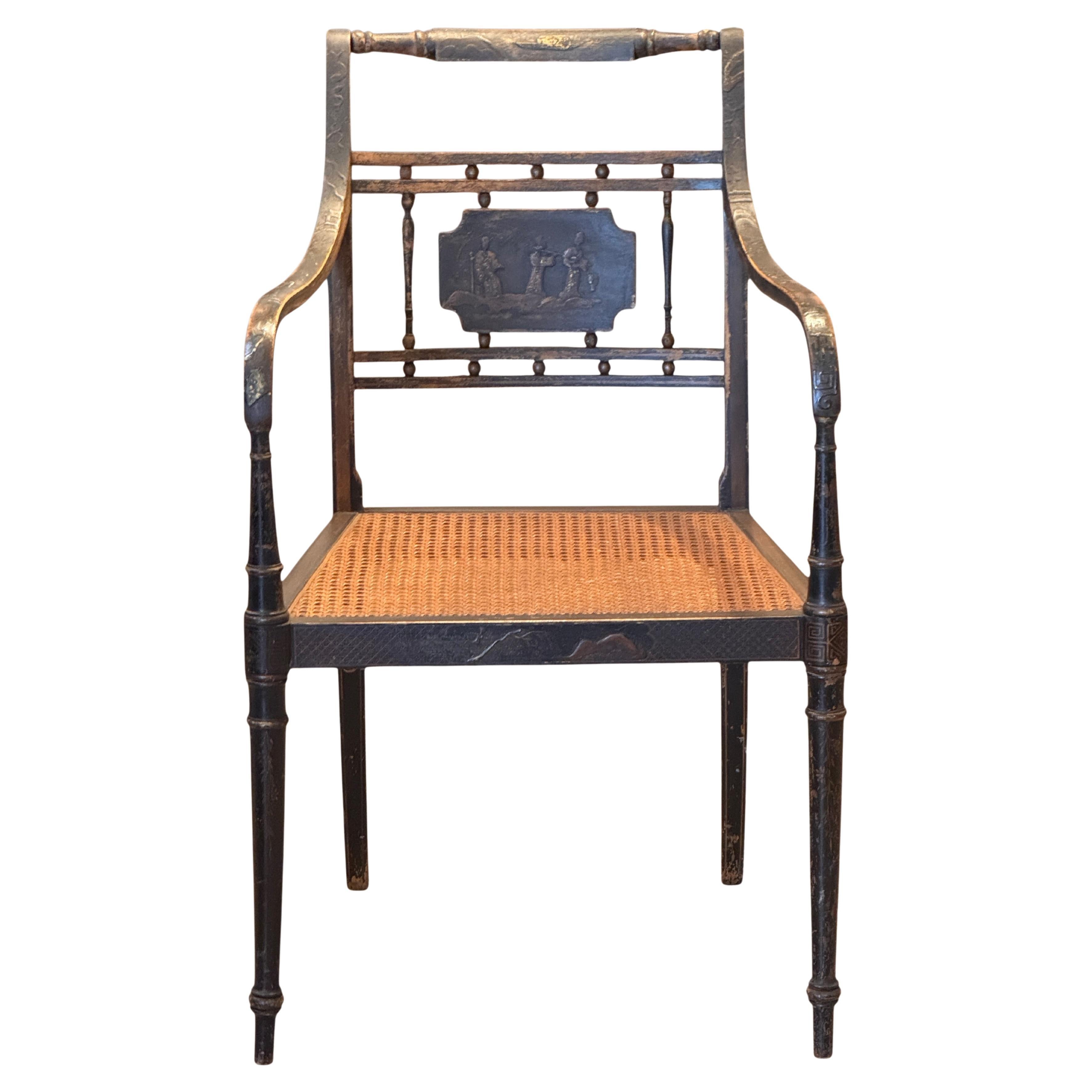 19th Century Ebonized Armchair With Painted Back Panel