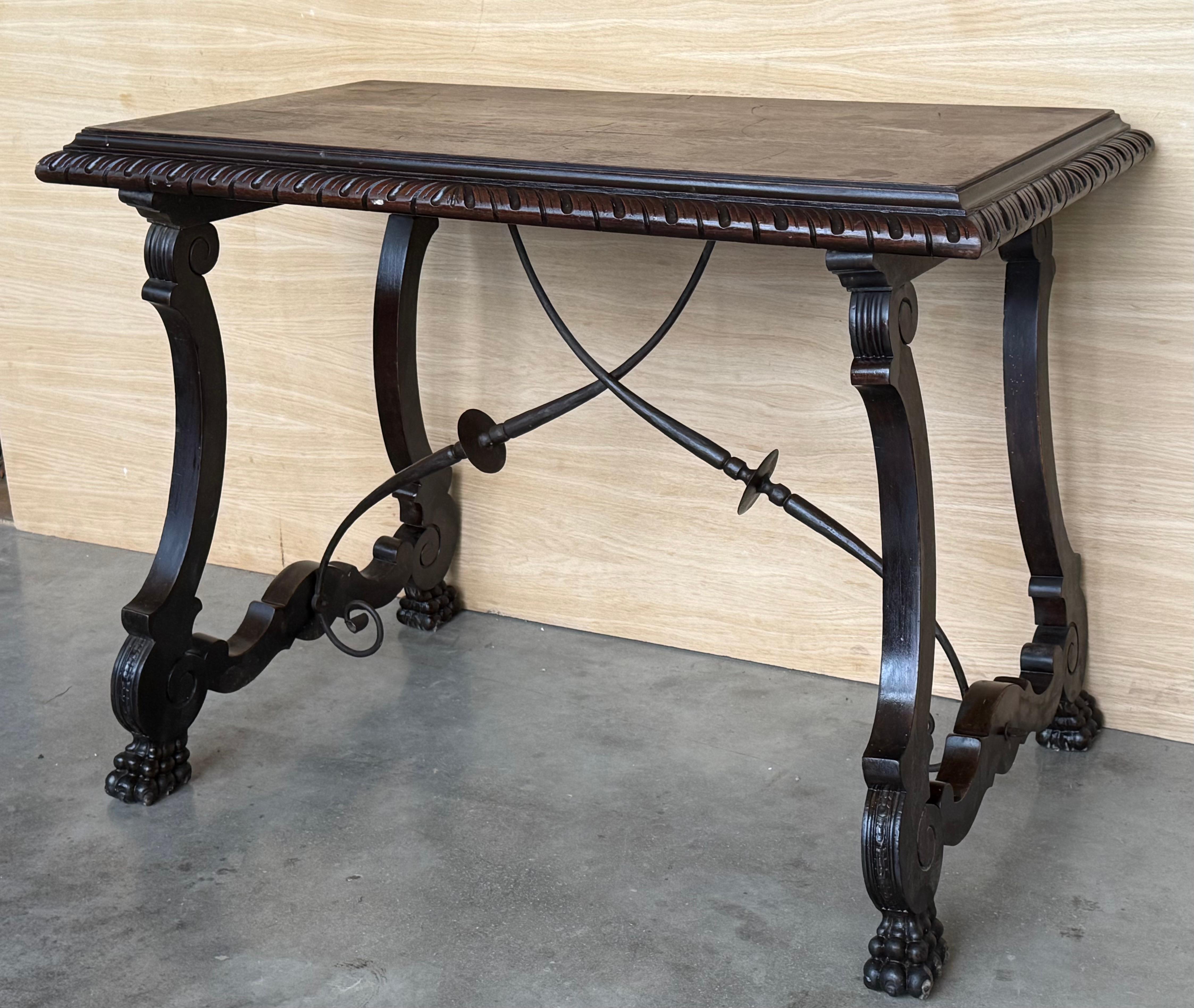 Walnut 19th Century Ebonized Baroque Spanish Side or Desk Table with Lyre Legs For Sale