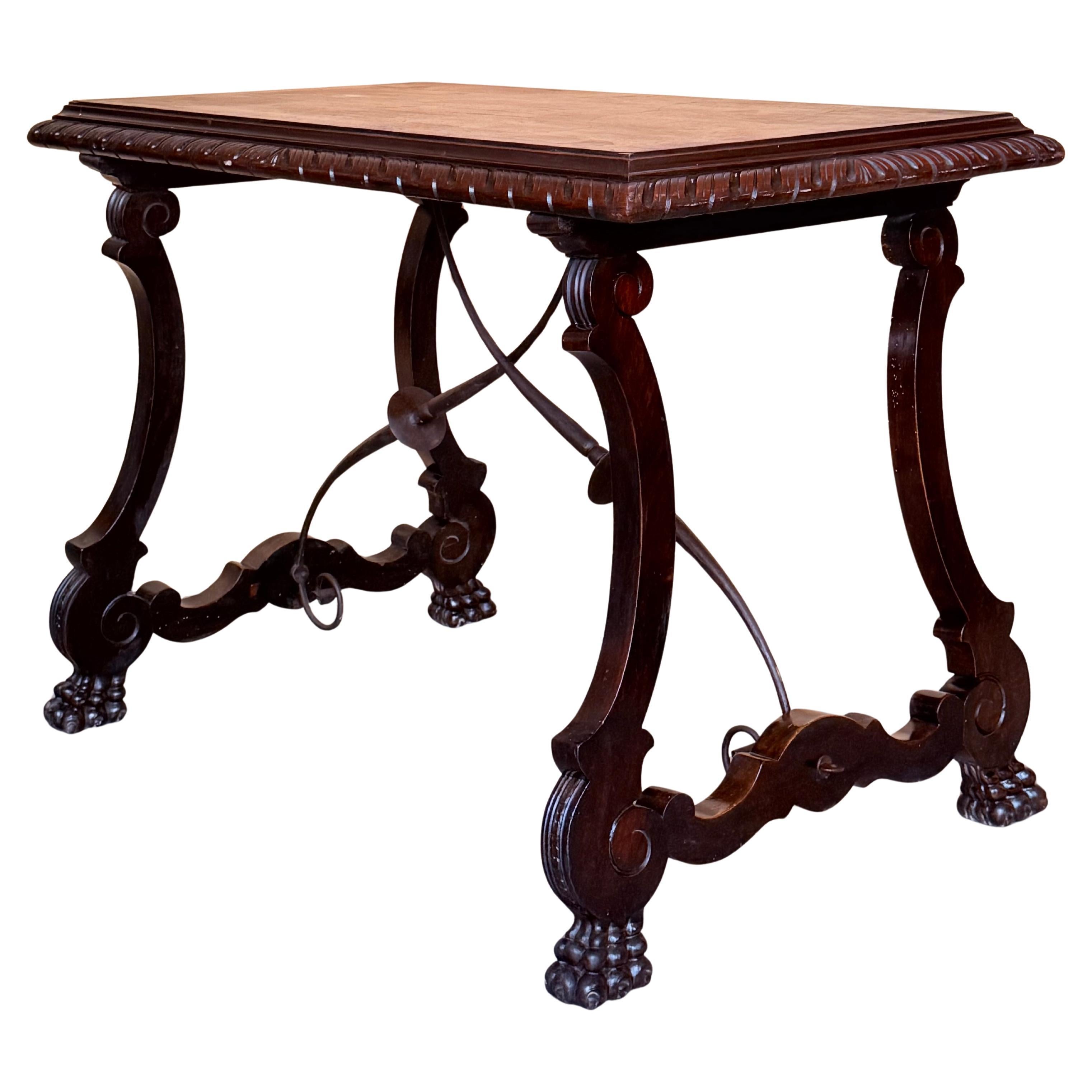 19th Century Ebonized Baroque Spanish Side or Desk Table with Lyre Legs For Sale