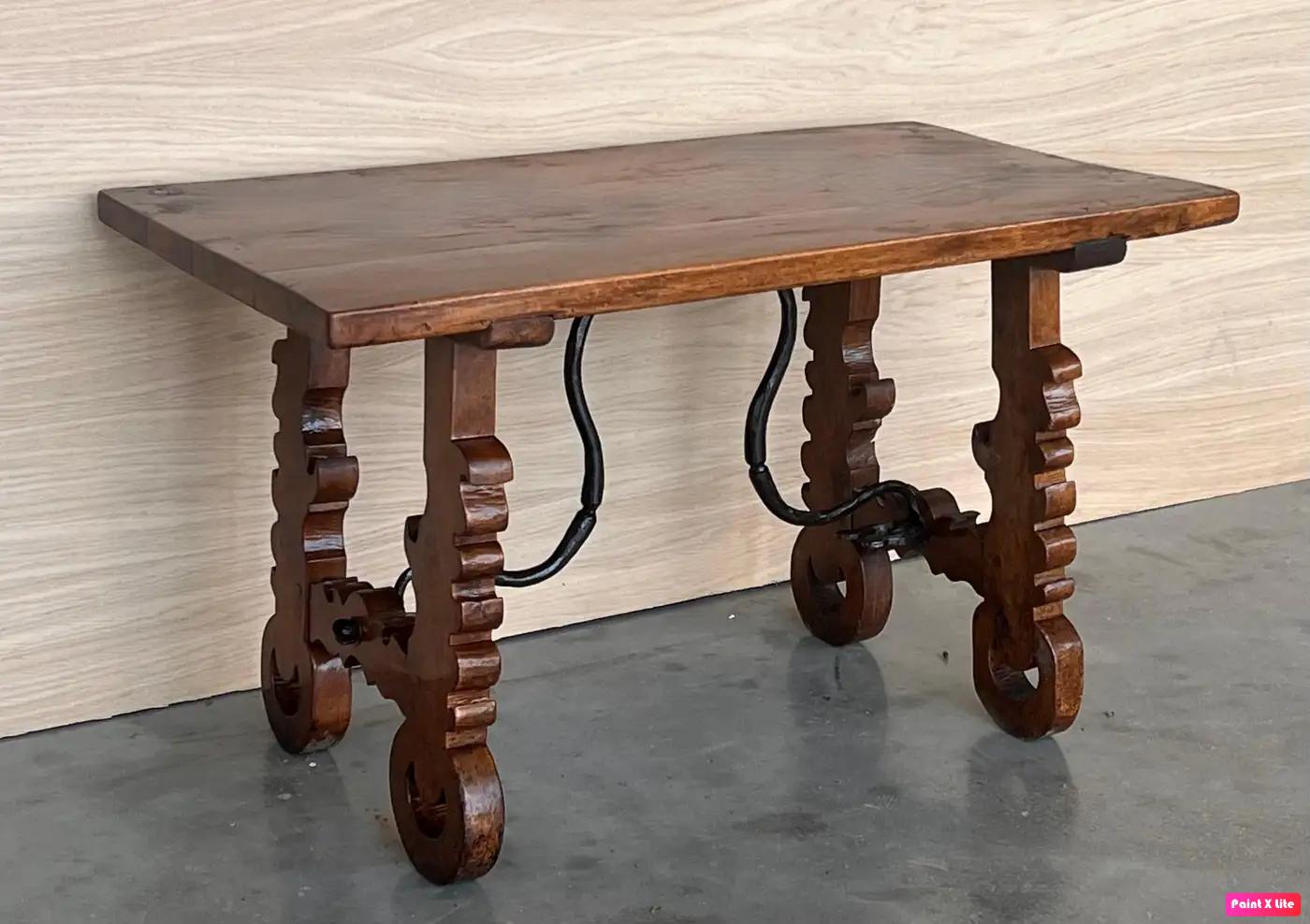 Carved 19th Century Ebonized Baroque Spanish Side Table with Lyre Legs For Sale