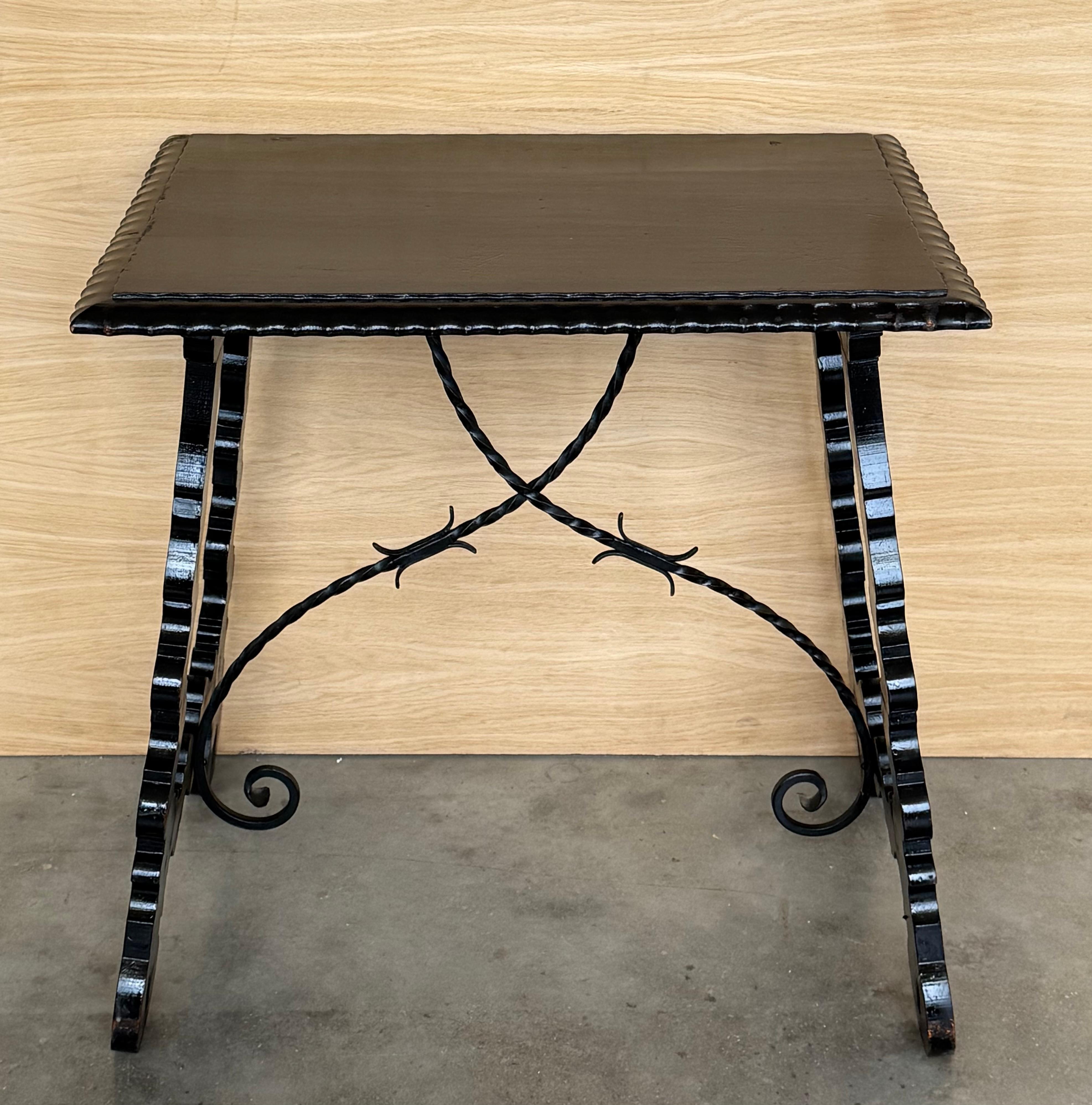 Carved 19th Century Ebonized Baroque Spanish Side Table with Lyre Legs For Sale