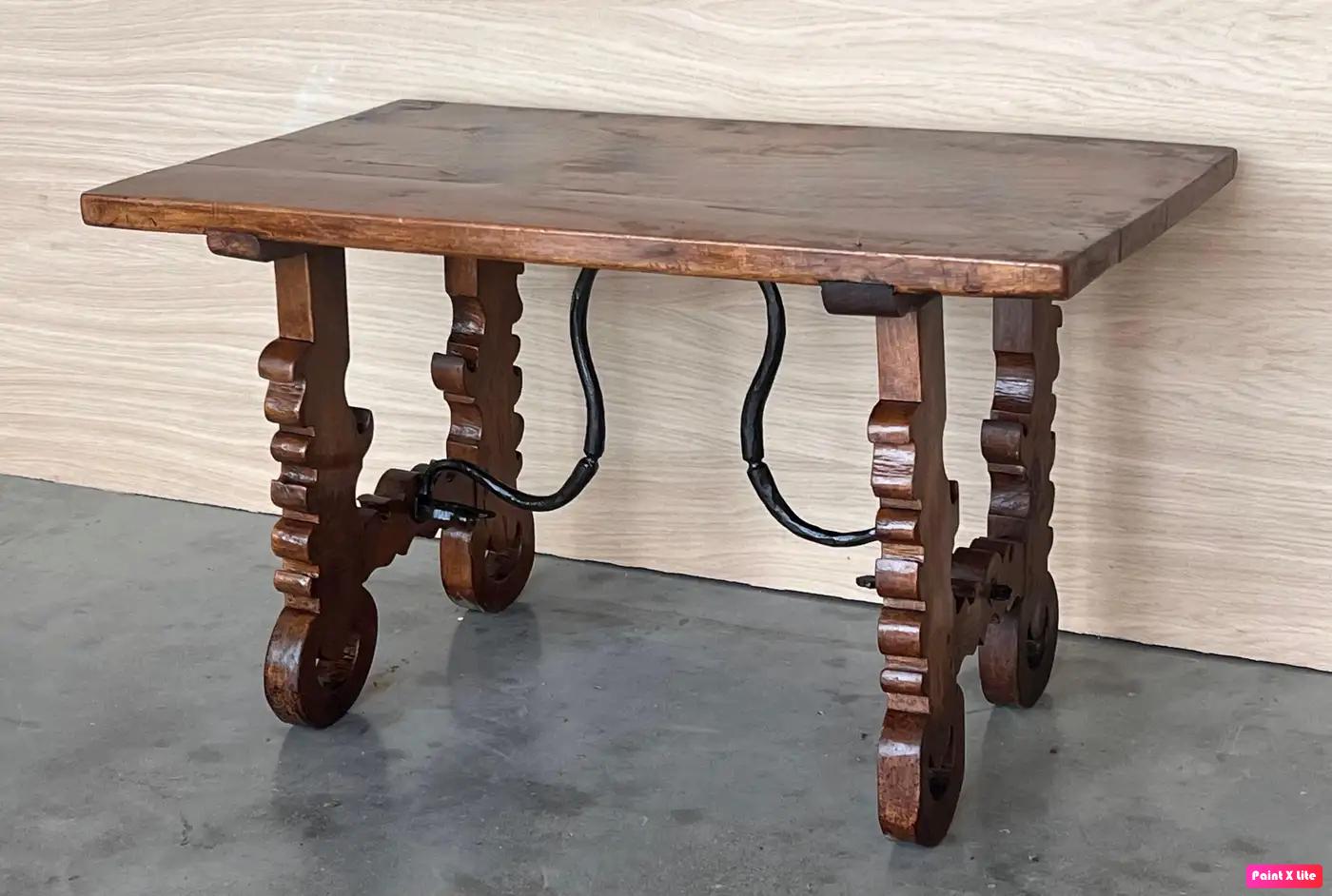 Walnut 19th Century Ebonized Baroque Spanish Side Table with Lyre Legs For Sale