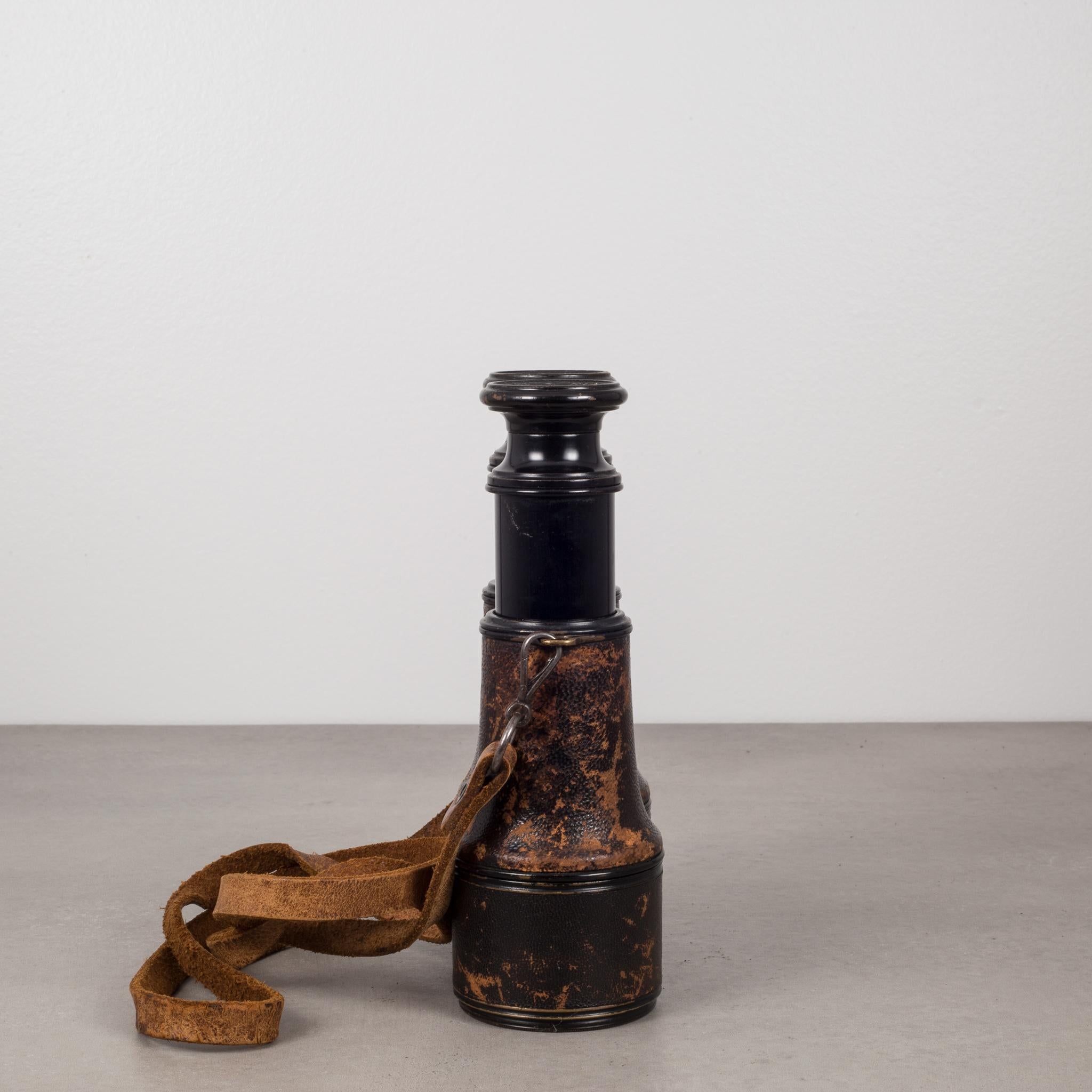 French 19th Century Ebonized Brass/Leather Wrapped Binoculars/Original Leather Strap