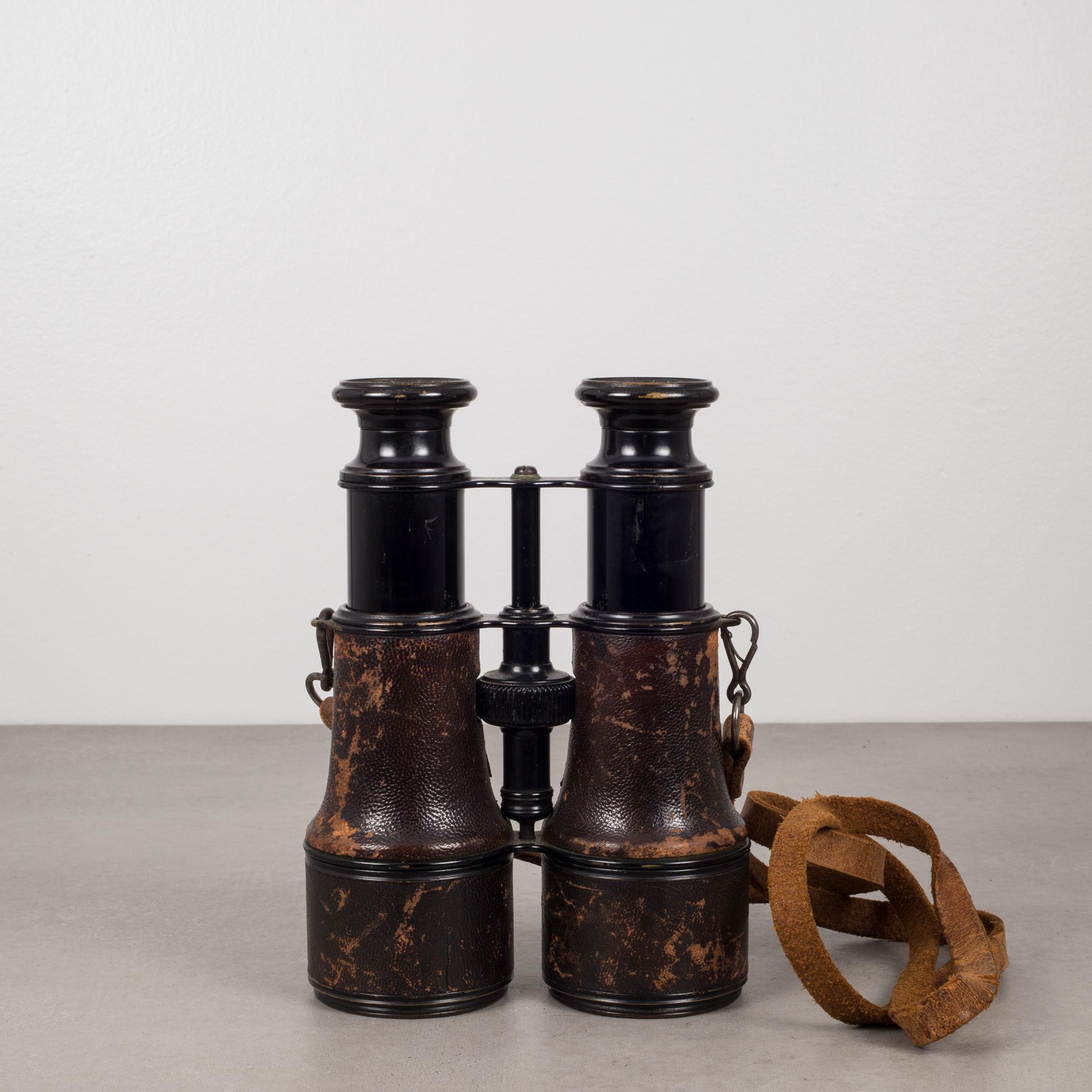 19th Century Ebonized Brass/Leather Wrapped Binoculars/Original Leather Strap In Excellent Condition In San Francisco, CA