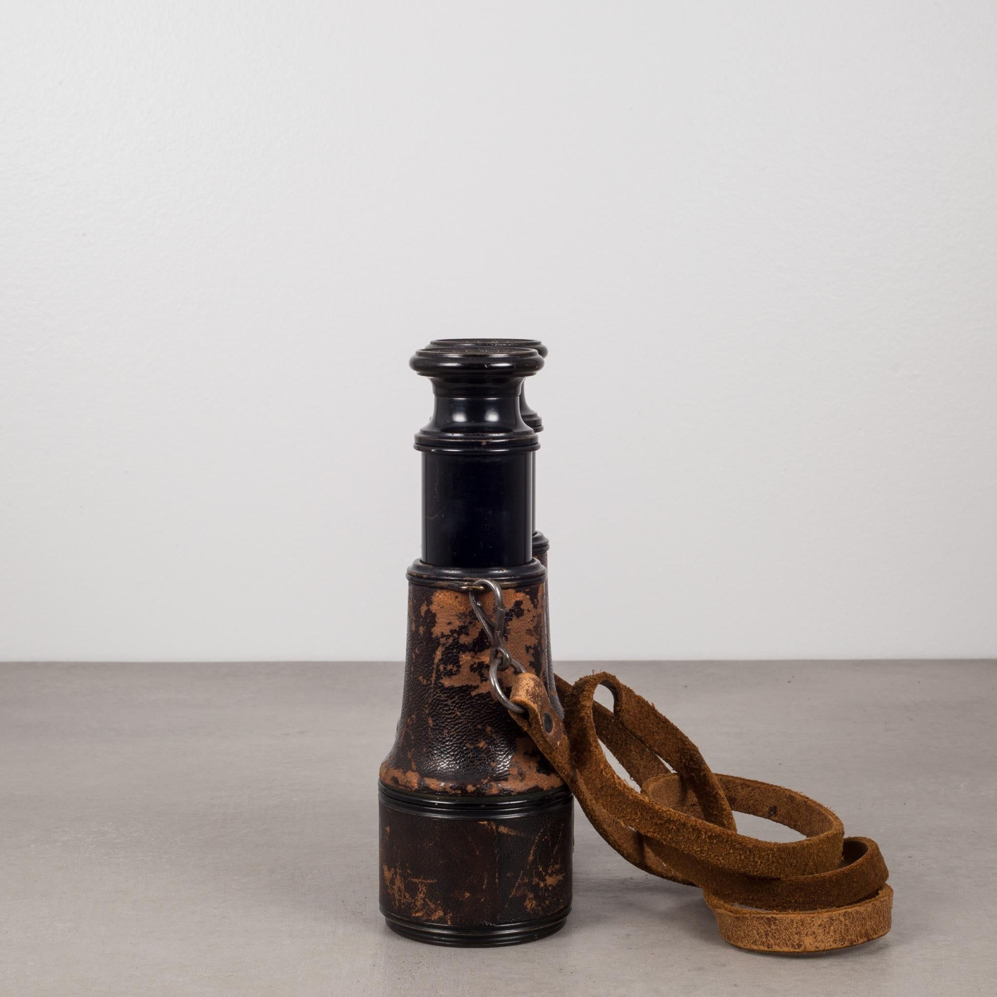19th Century Ebonized Brass/Leather Wrapped Binoculars/Original Leather Strap 1