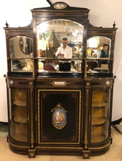 19th Century Ebonized Bronze Mounted Sideboard Vitrine with Matching Mirror