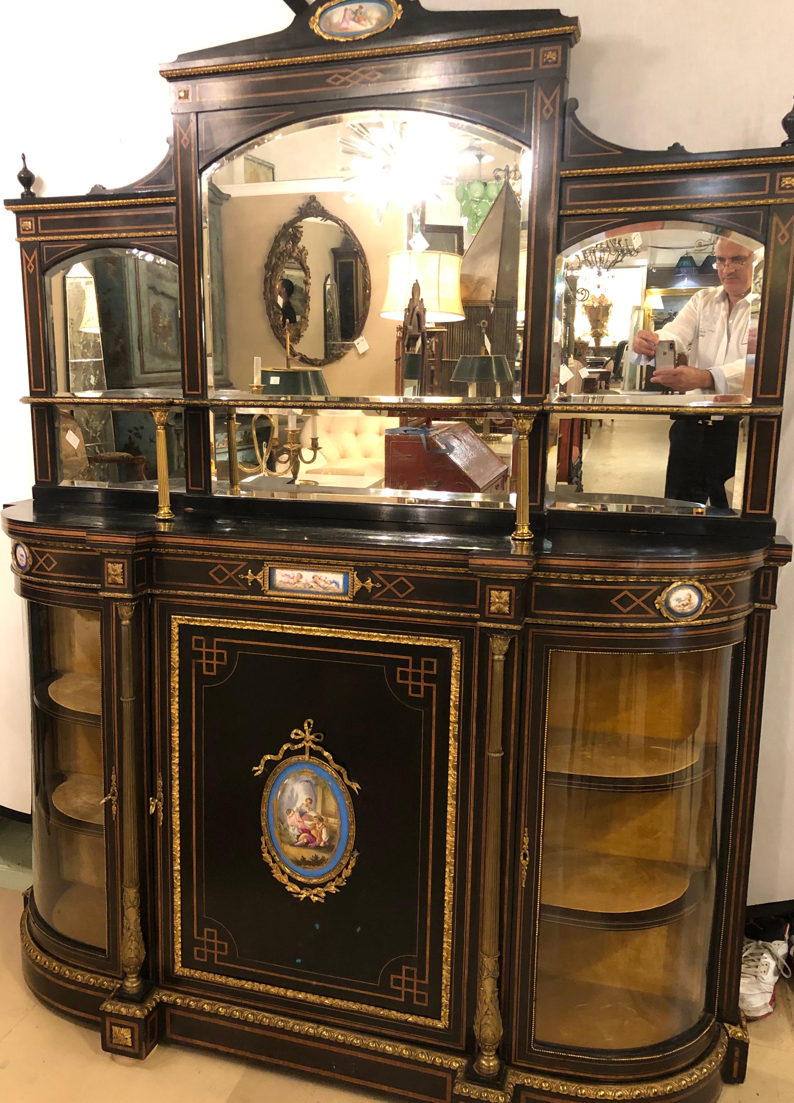 Belle Époque 19th Century Ebonized Bronze Mounted Sideboard Vitrine with Matching Mirror
