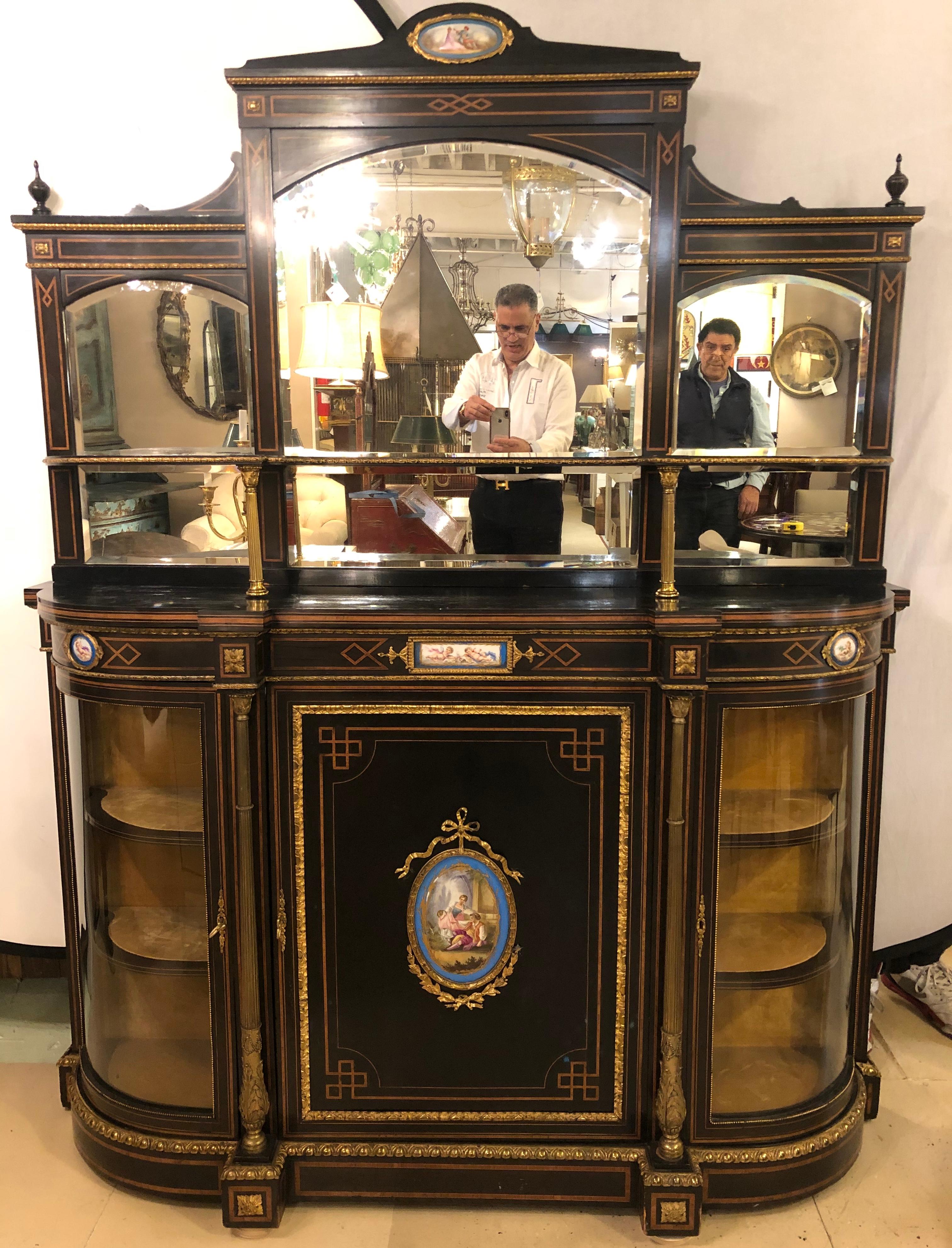 English 19th Century Ebonized Bronze Mounted Sideboard Vitrine with Matching Mirror
