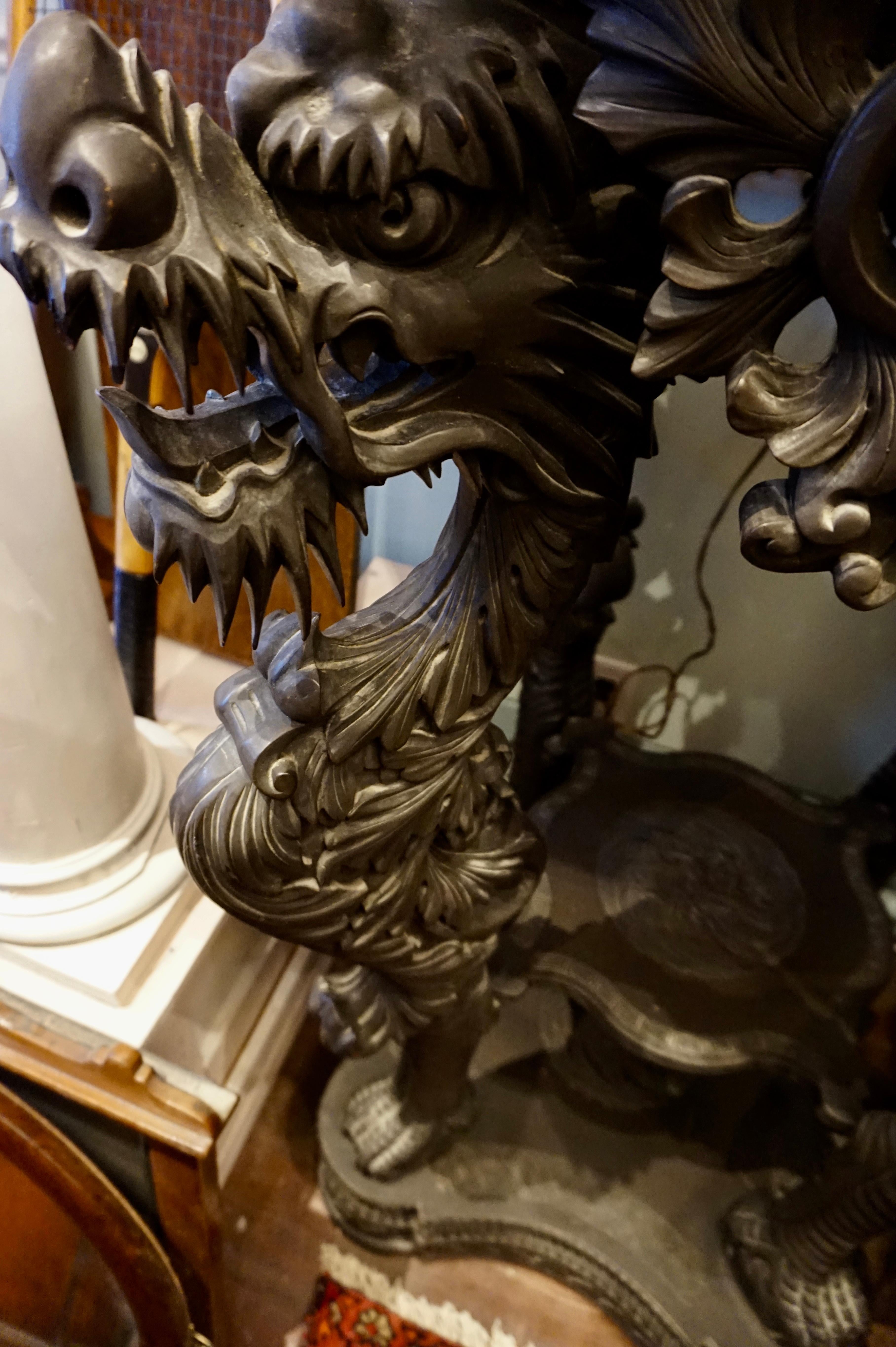 19th Century Ebonized Chinese Carved Export Dragon and Phoenix Stand  2