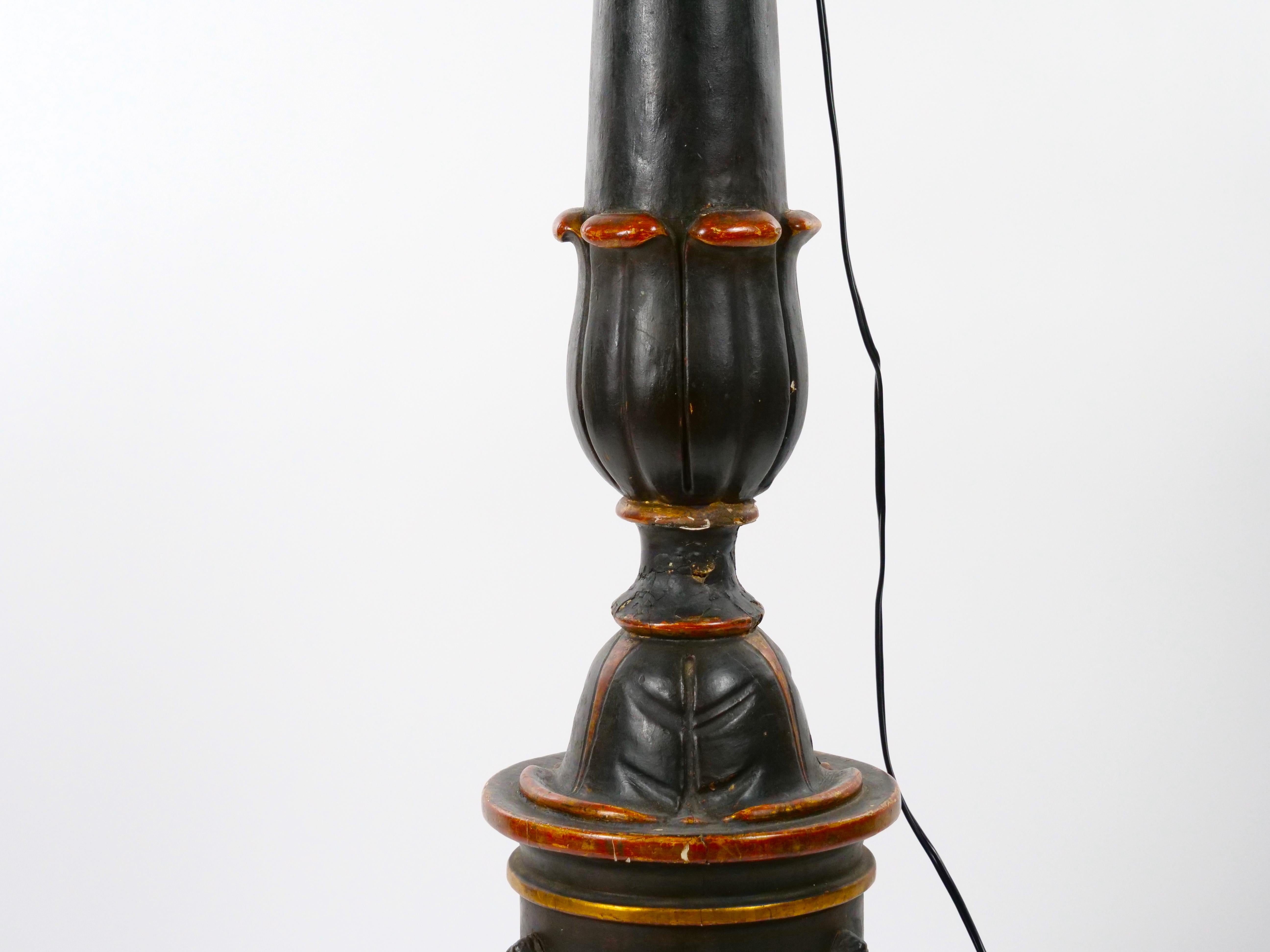 Brass 19th Century Ebonized Hand Carved Wooden Floor Lamp For Sale