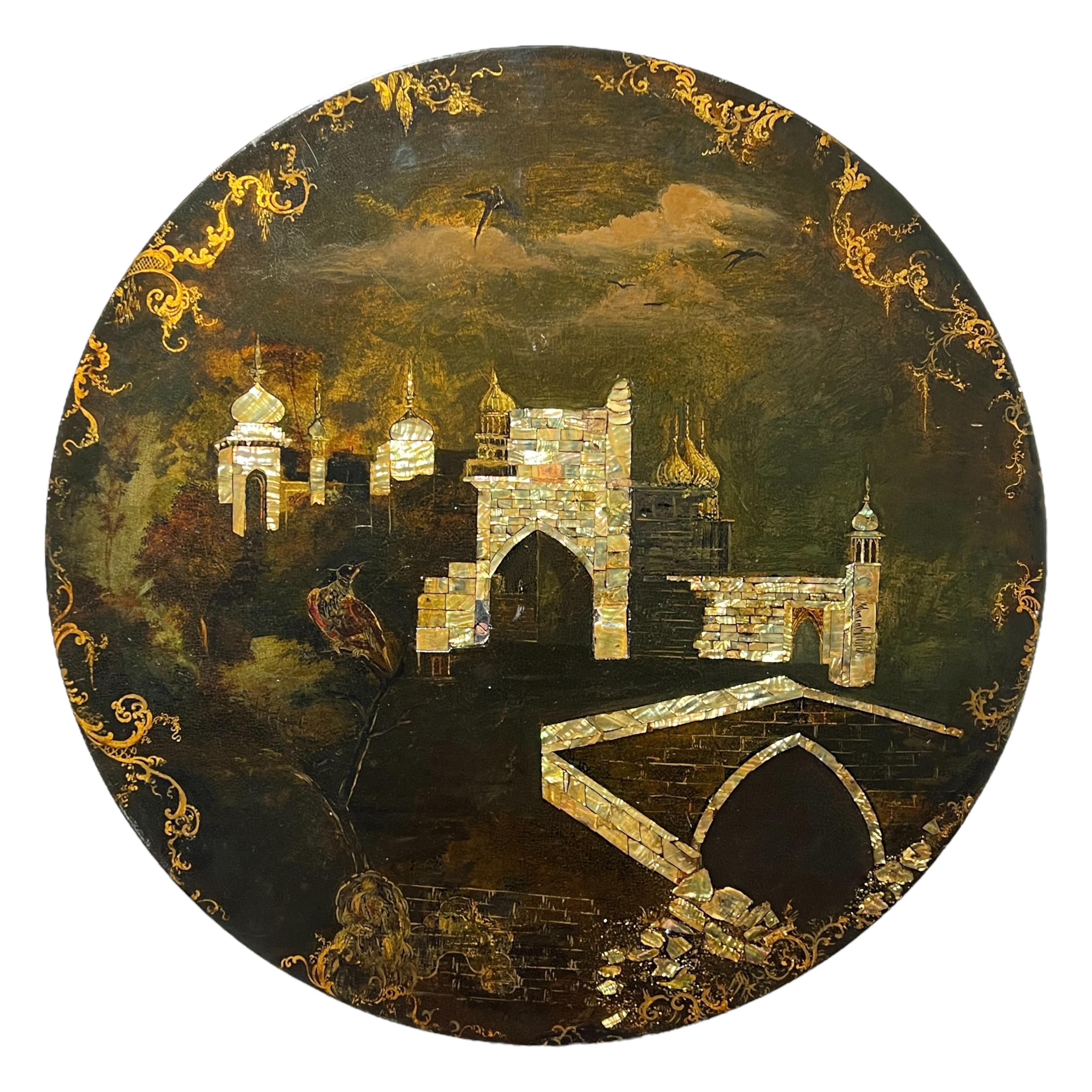 Vittoriano Tavolo a ribalta del XIX secolo dipinto a mano e intarsiato in ebano in vendita