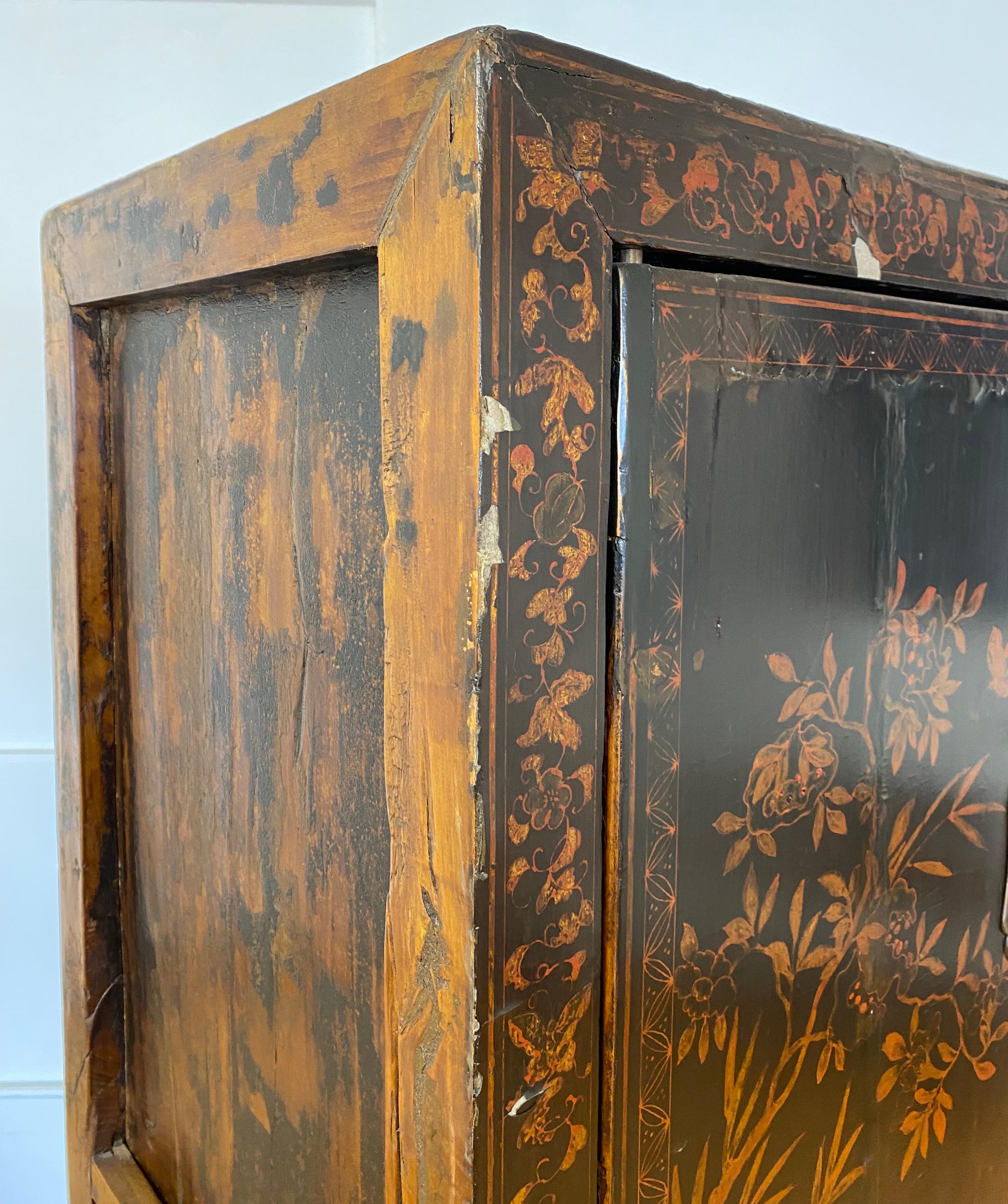 Hand-Painted 19th Century Ebonized Hand Painted Chinese Tansu Cabinet