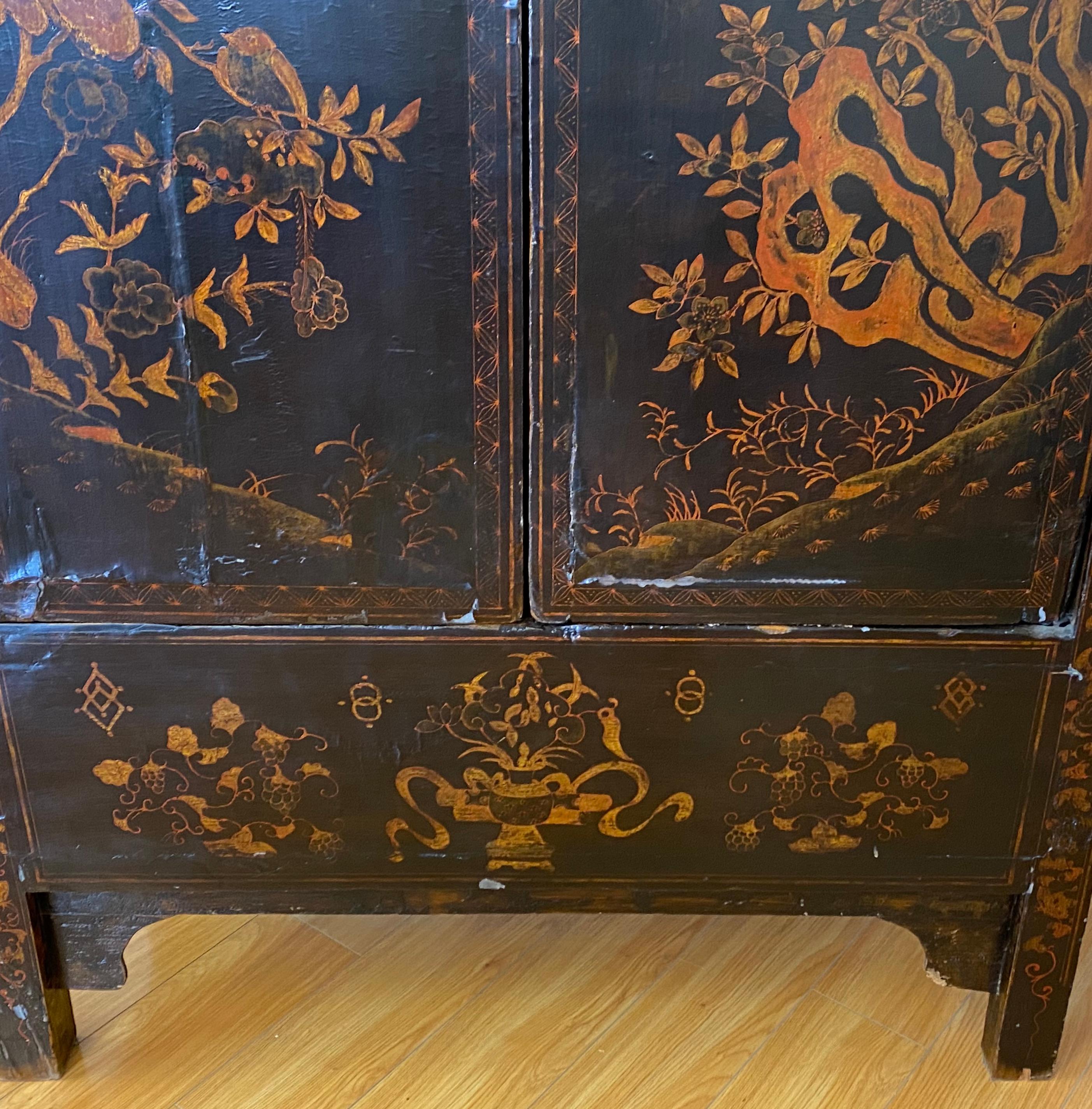 Wood 19th Century Ebonized Hand Painted Chinese Tansu Cabinet