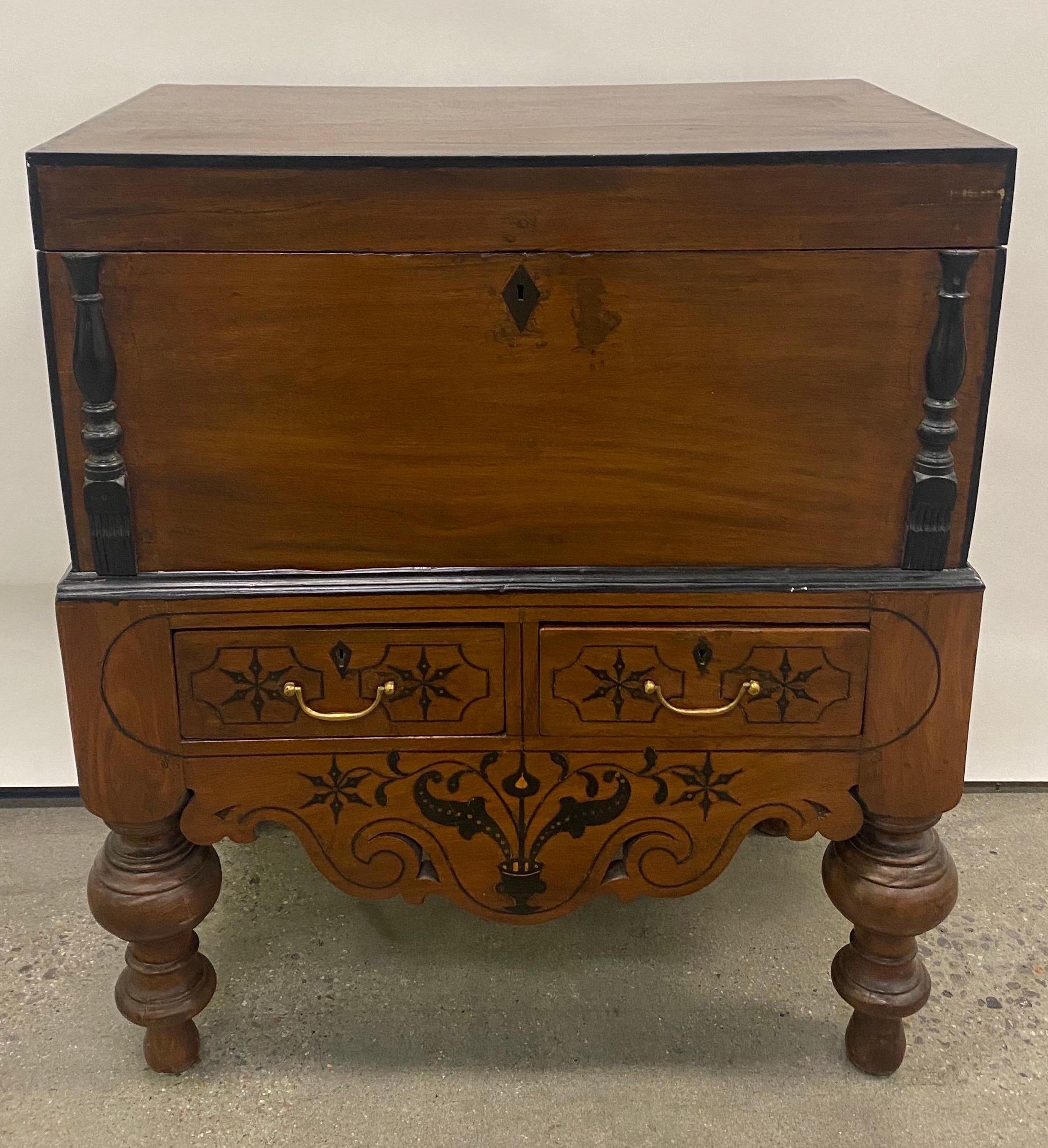 19th century ebonized jackwood British Colonial box on stand from British Ceylon (Modern day Sri Lanka). Two part box on Stand is made of Jackwood with ebonized elements. The base consists of turned legs and an inlaid and ebonized apron with 2