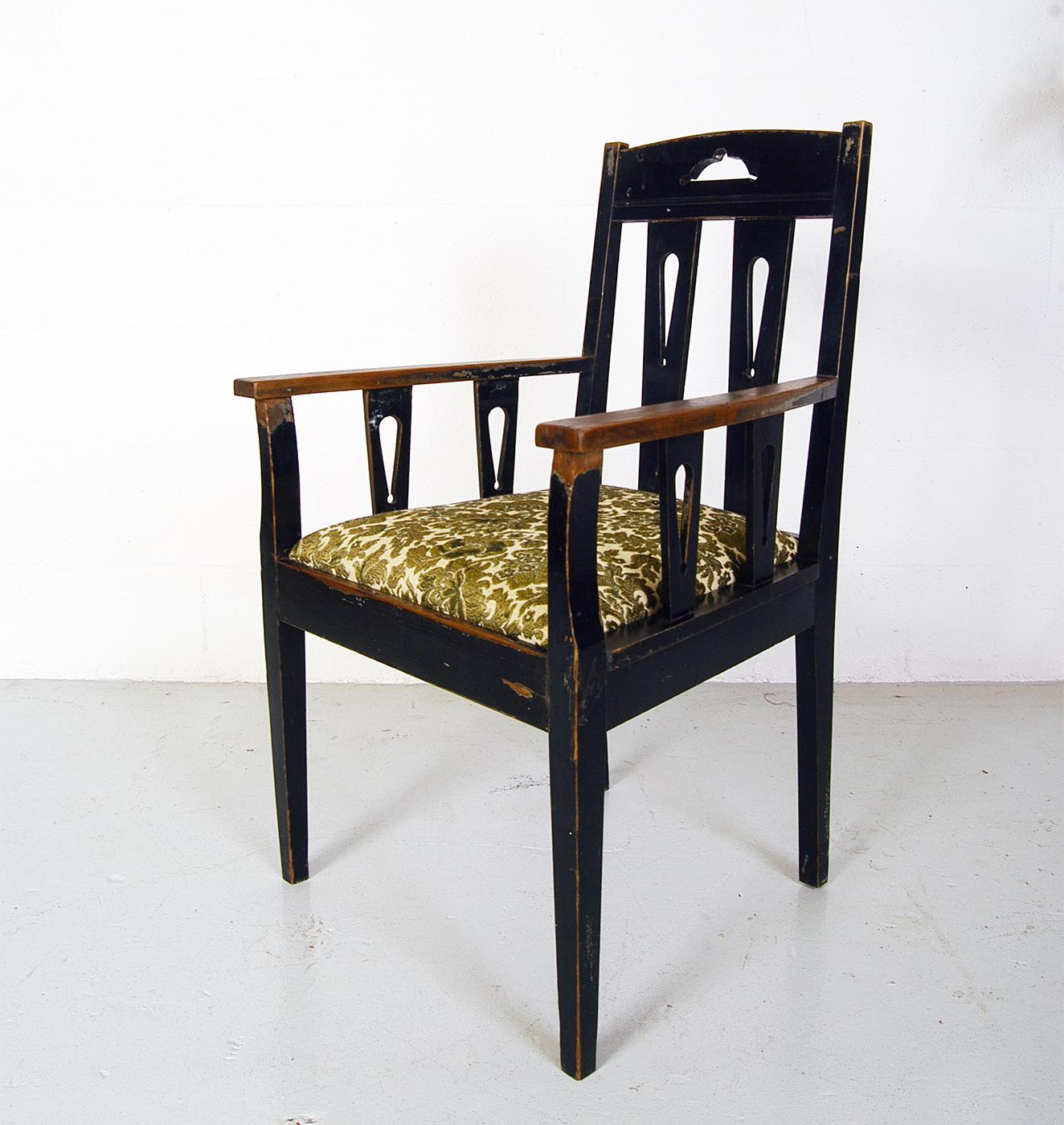 Brocade 19th Century Ebonized Swedish Arts & Crafts Occasional Country Library Armchair