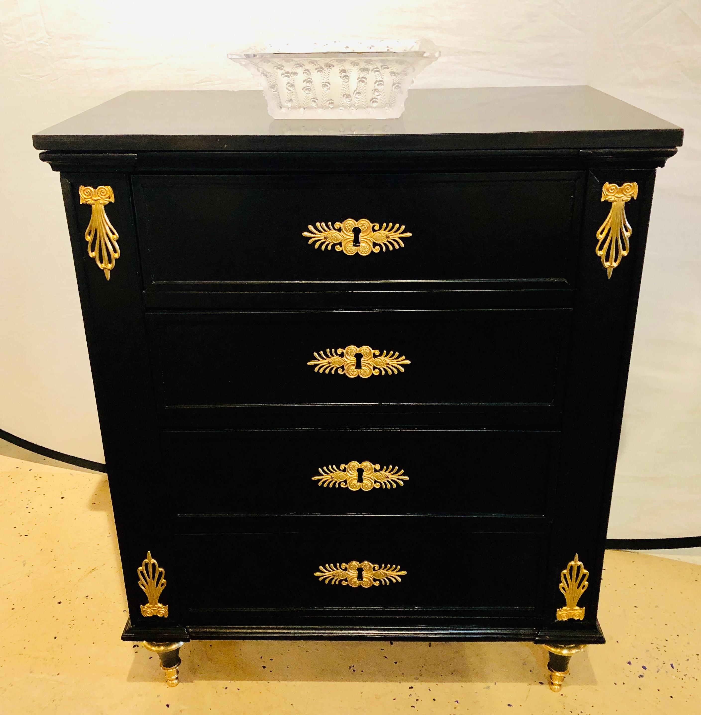 Hollywood Regency 19th Century Ebony Bronze Mounted Four-Drawer Commode with Black Marble-Top