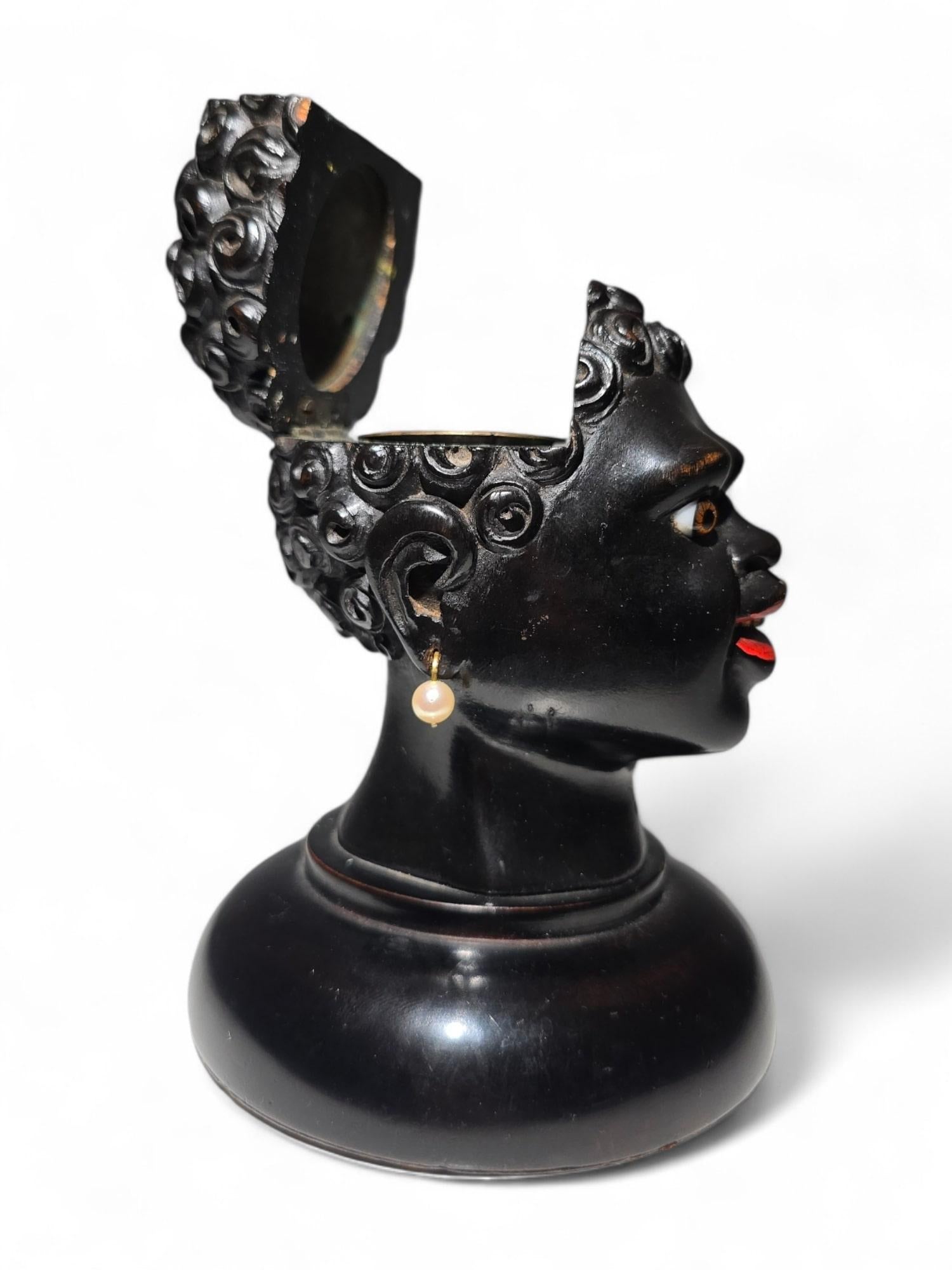 19th Century Ebony Writing Desk Set INKWELL – African Bust Design For Sale 8