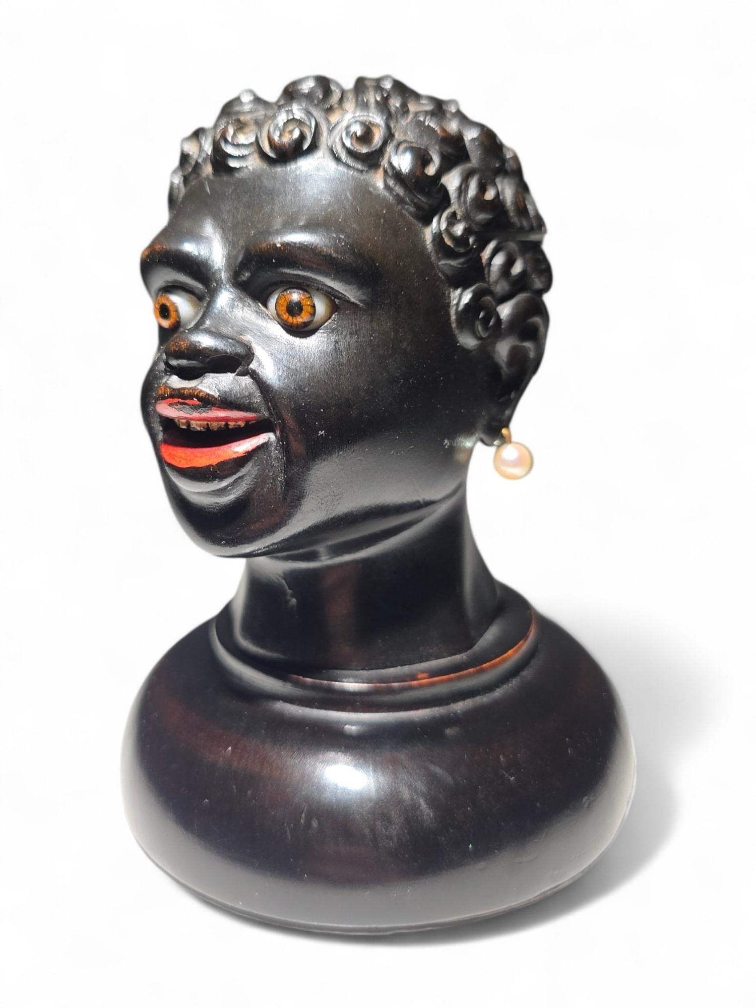 Fruitwood 19th Century Ebony Writing Desk Set INKWELL – African Bust Design For Sale