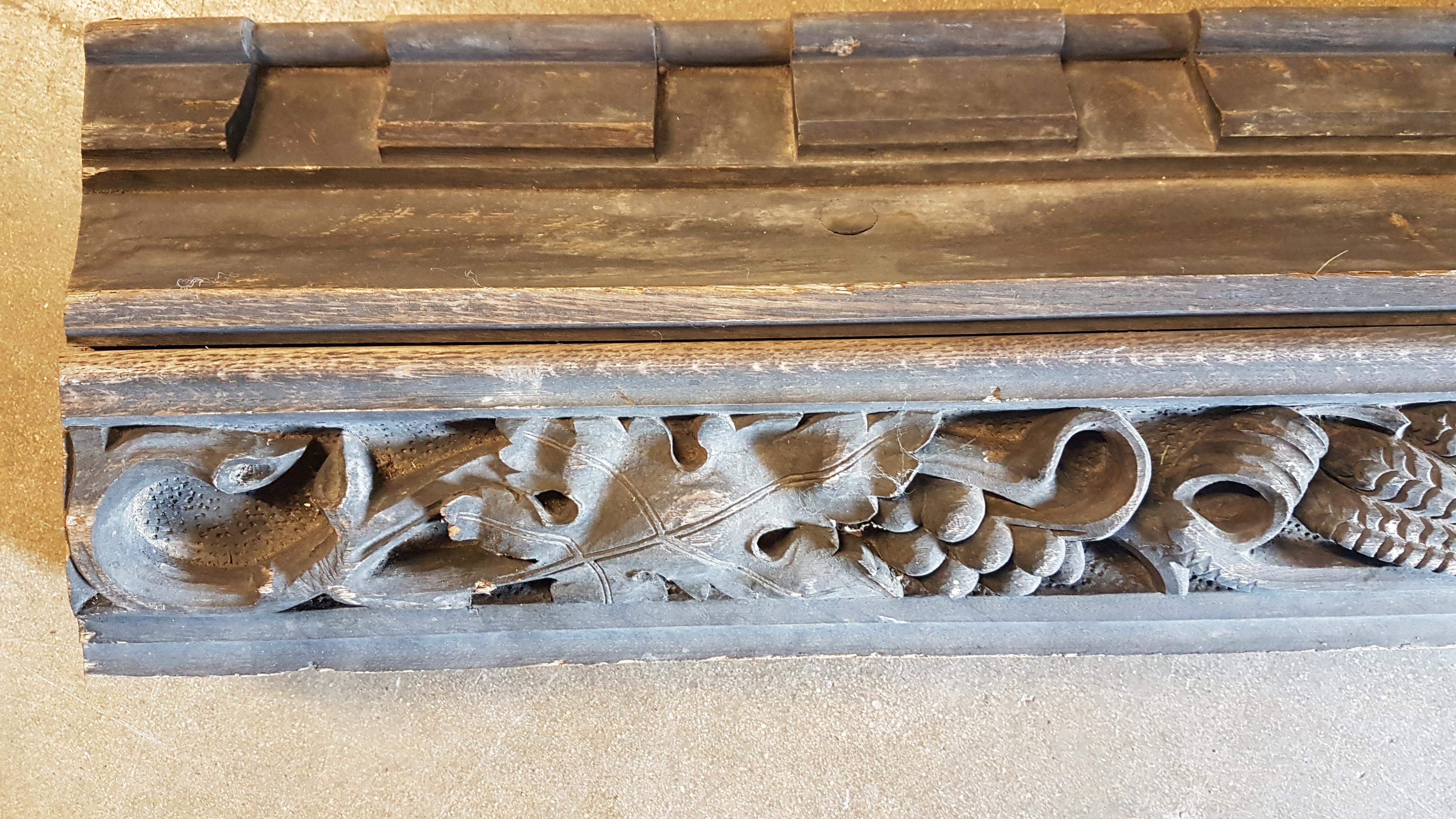 A charming large carved ecclesiastical oak beam carved with Grapes, Grape Vines and Wheat along its length with the latin word 'Hostiam'. This beam is mid Victorian and in solid oak with great natural weathering and a dry finish. Has a good rustic