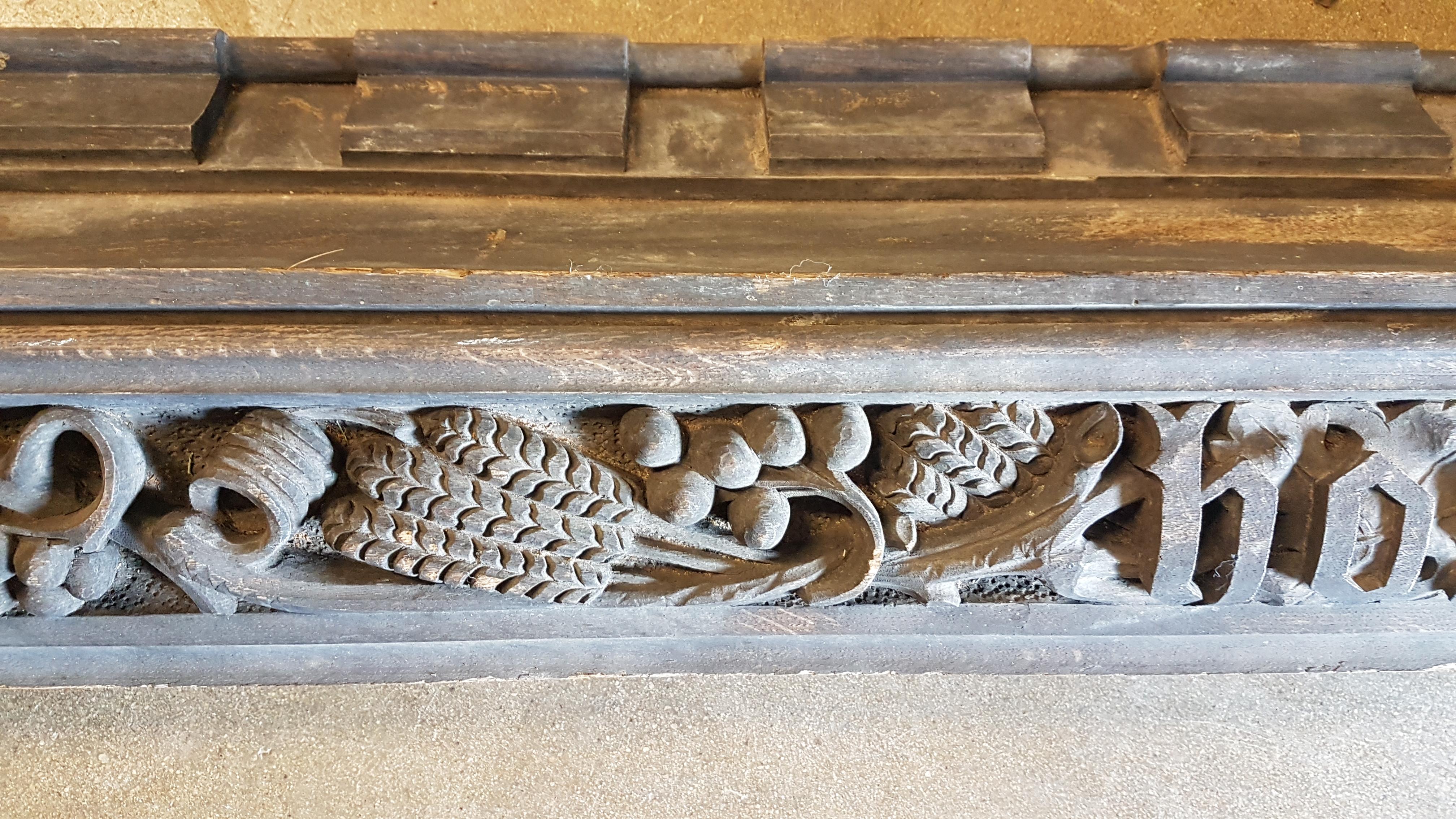 Victorian 19th Century Ecclesiastical Carved Oak Beam Carved with Grapes, Wheat and Vines For Sale