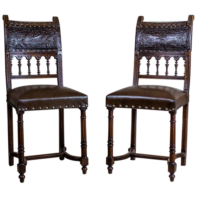 19th-Century Eclectic Oak Chairs With Seats in Leather